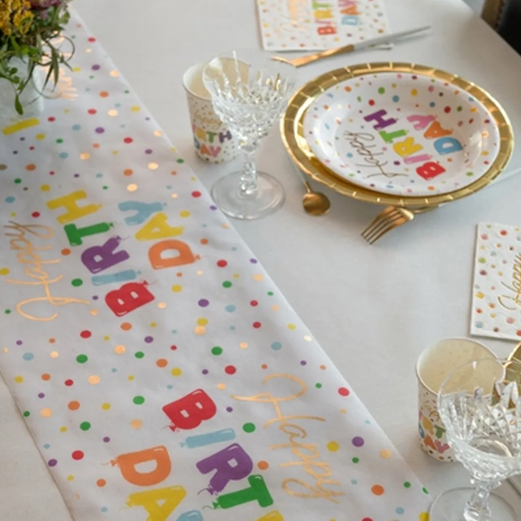 Birthday banner, Confetti dots, Colorful letters, Party plate, Gold rim plate