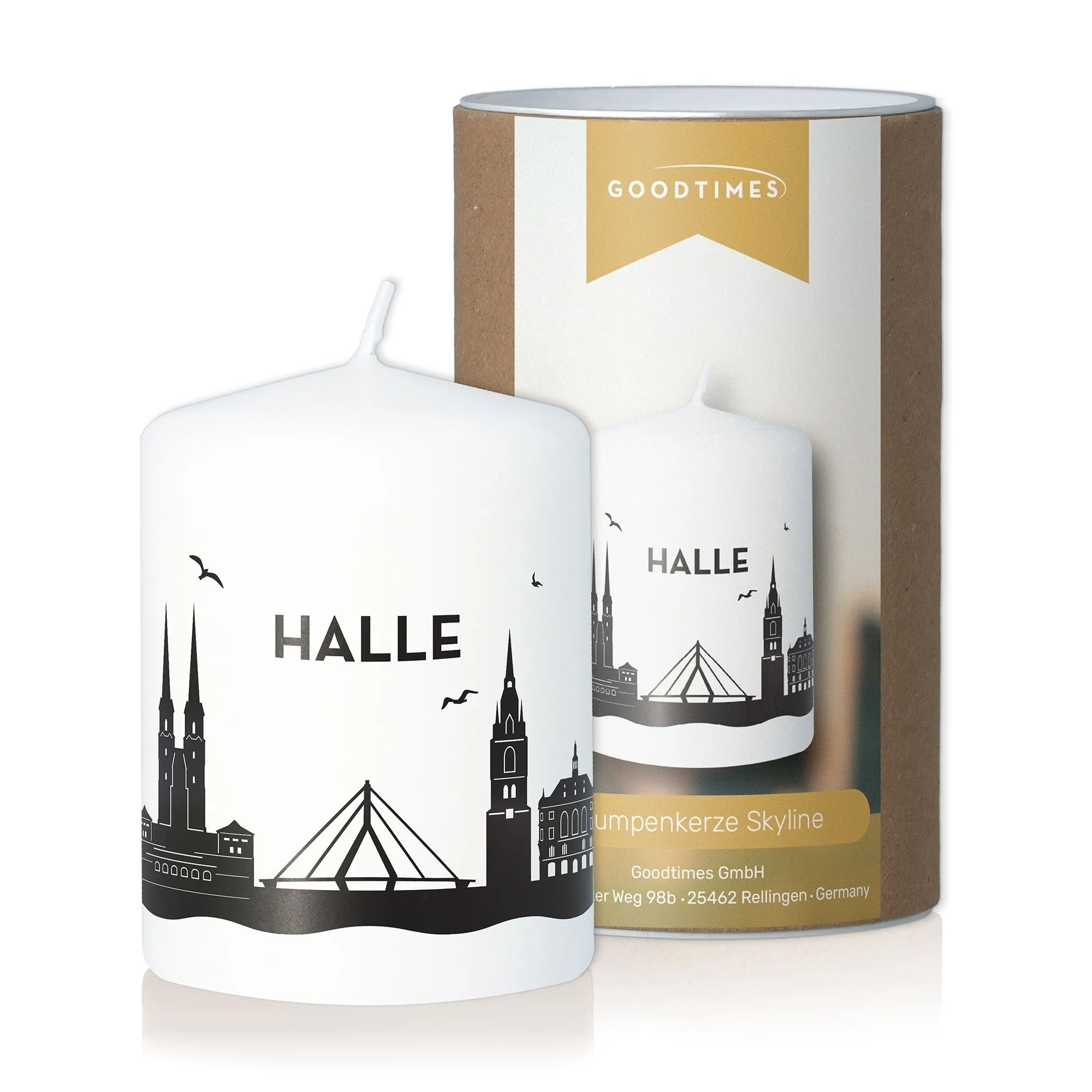 Stumpenkerze Skyline Halle Weiß