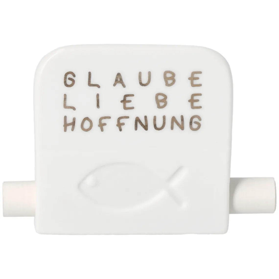 Schwimmfigur, Fischsymbol, Wortgraffiti, Weißer Adapter, Glaube Liebe Hoffnung