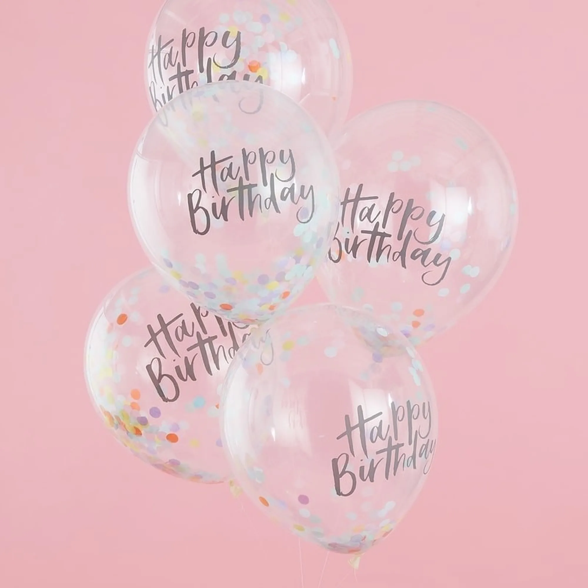 Pastel Party 5 Latexballons, mit buntem Konfetti "Happy Birthday" Ø 30cm
