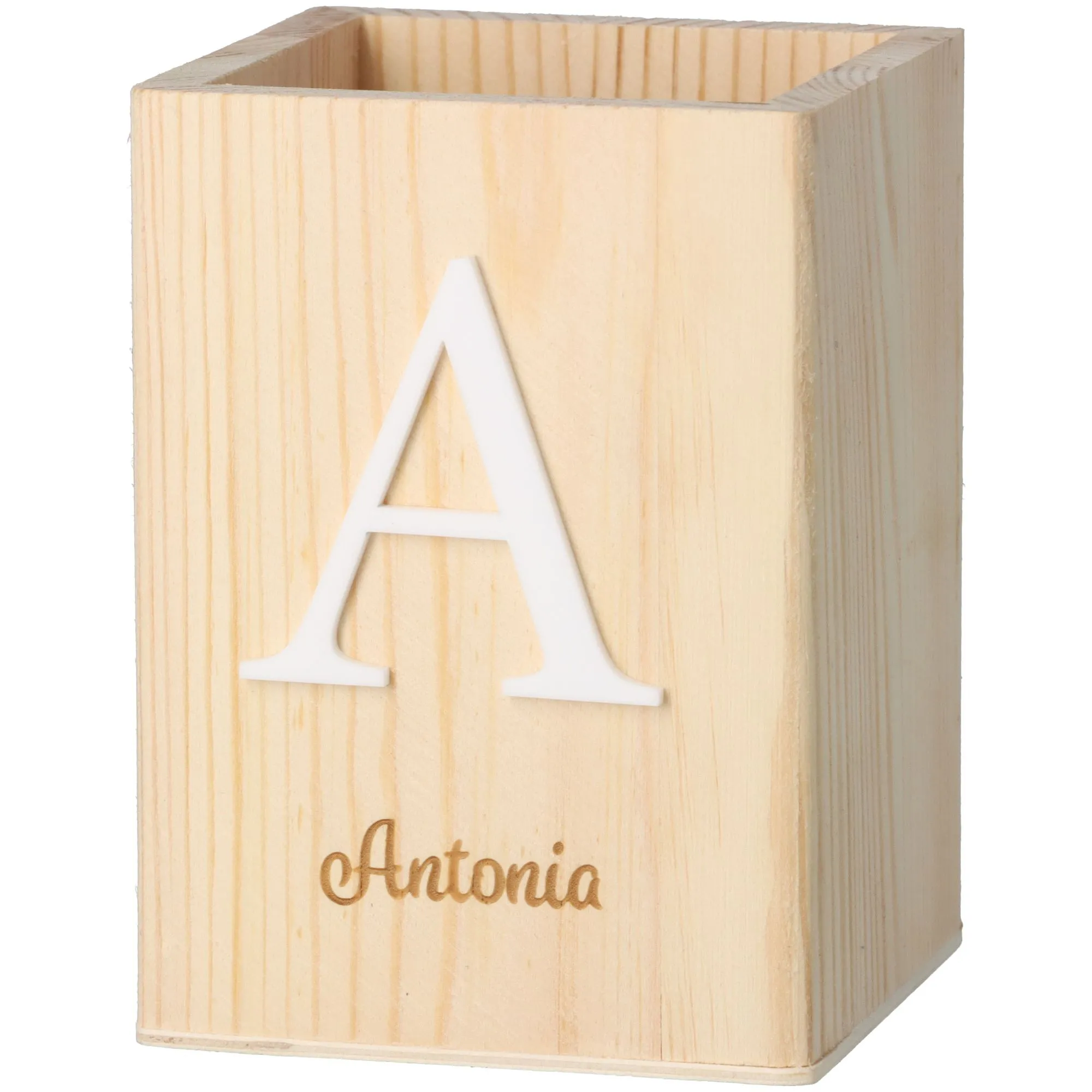 Stiftehalter Initial & "Name" aus Holz 11cm x 8cm x 8cm