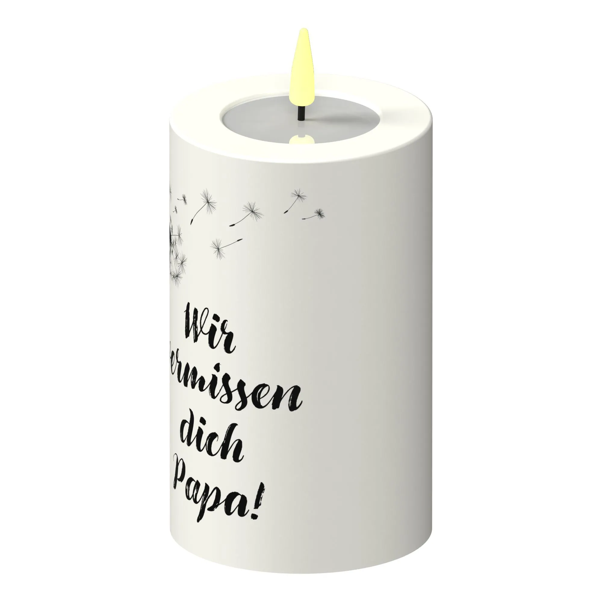 LED Stumpenkerze Weiß Pusteblume "Wir vermissen dich Papa!"