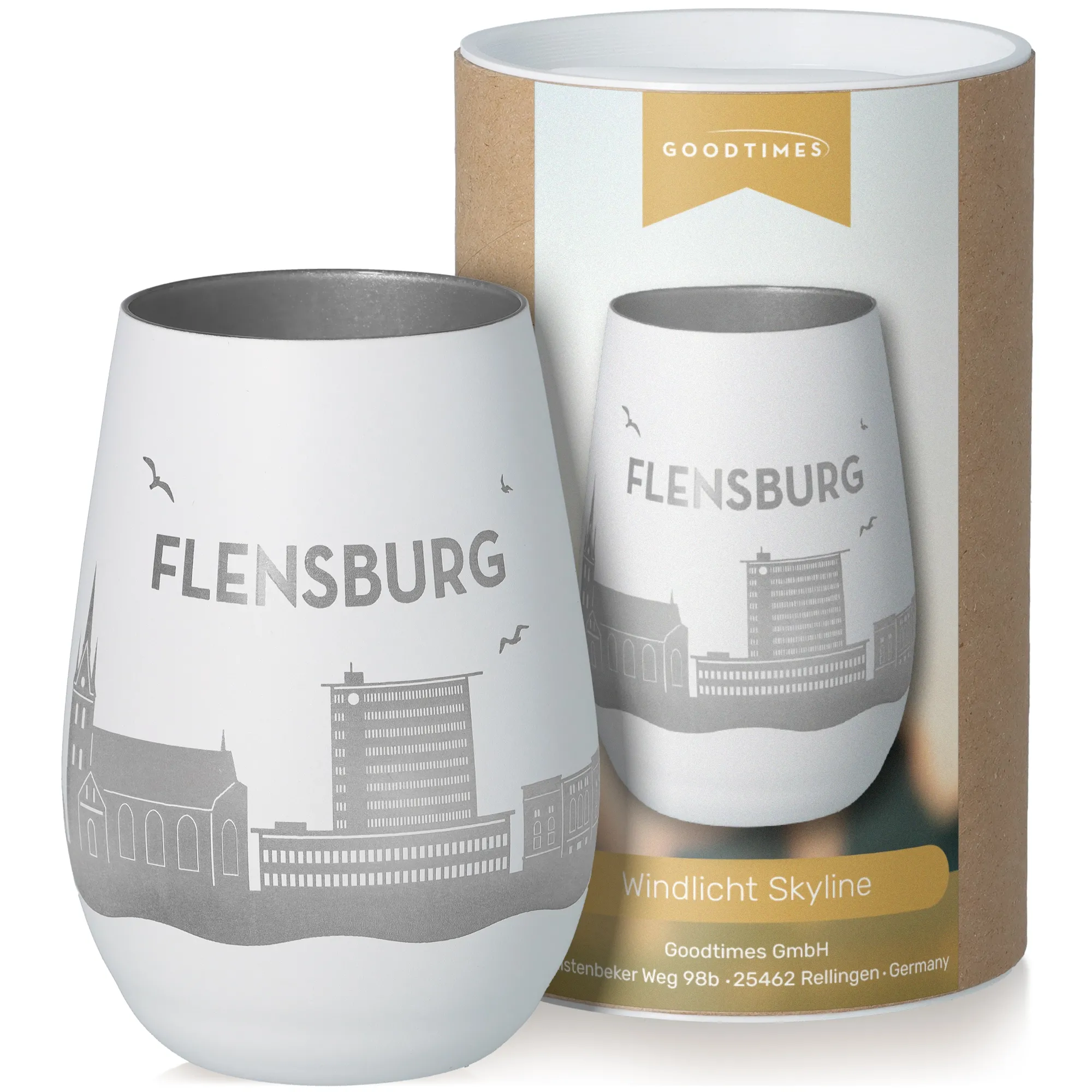 Windlicht Skyline Flensburg Weiß/Silber