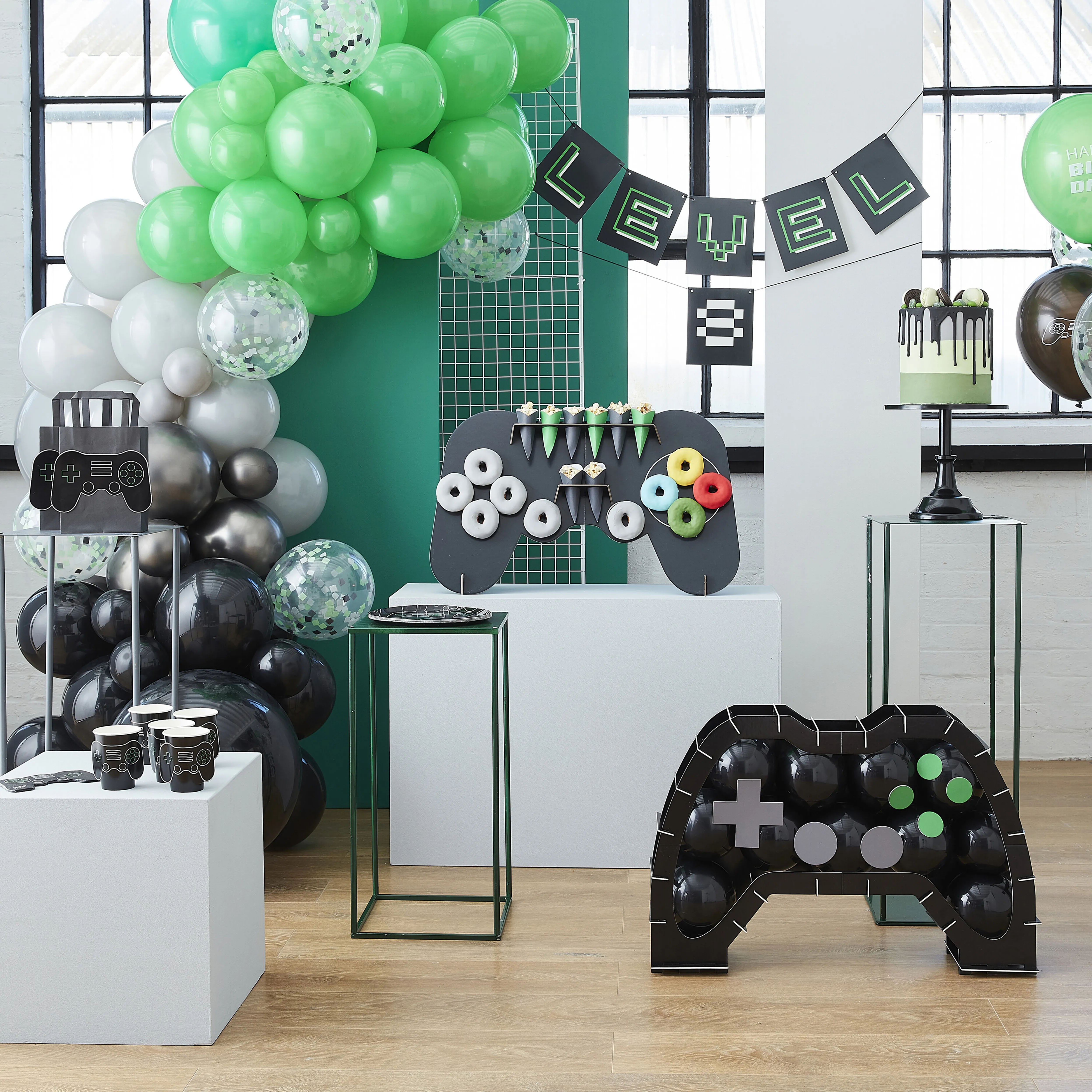 DIY Ballongirlande zum Selberbauen "Gaming Party", Schwarz/Grau/Grün