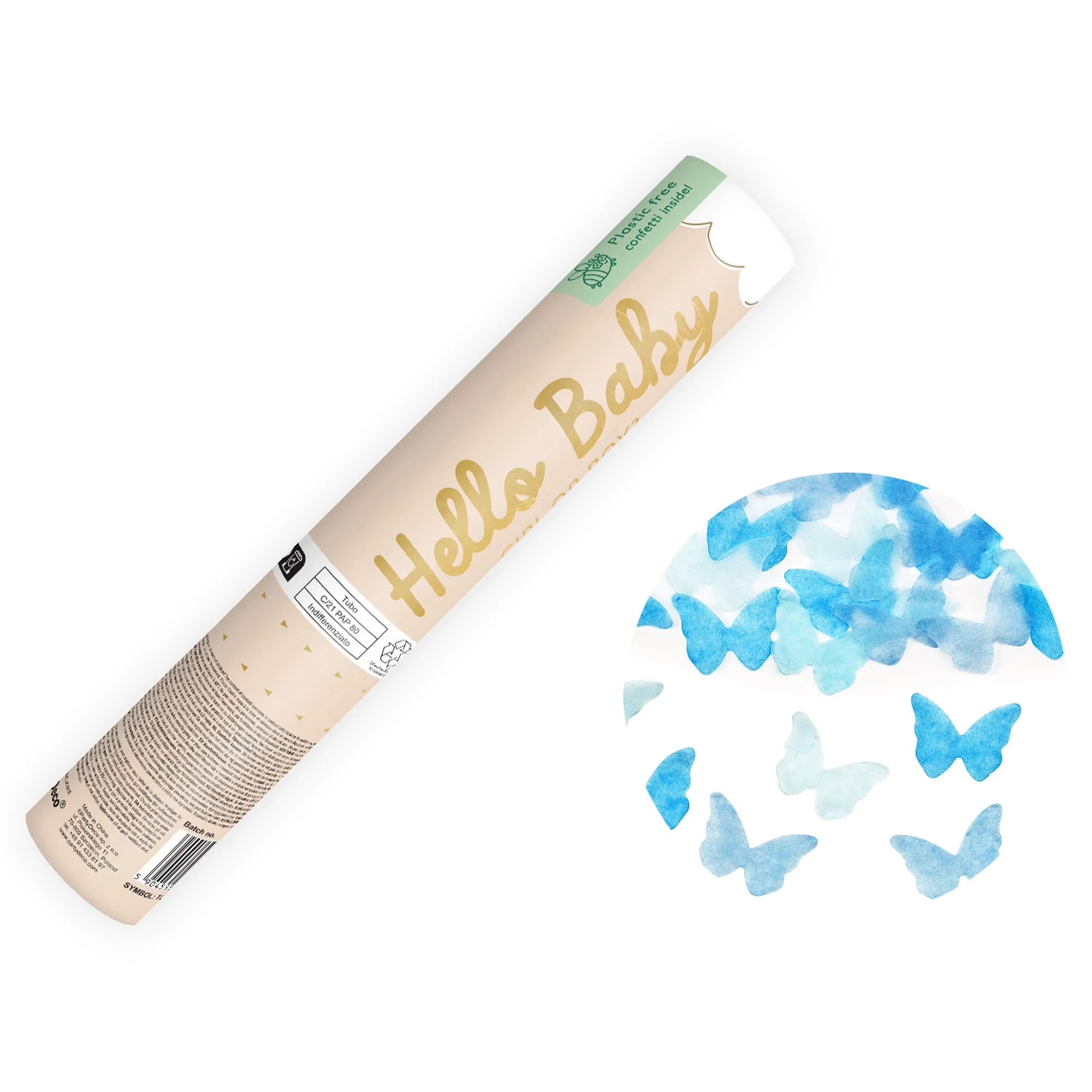 Konfetti Kanone Gender Reveal mit blauen Schmetterlingen, 20 cm