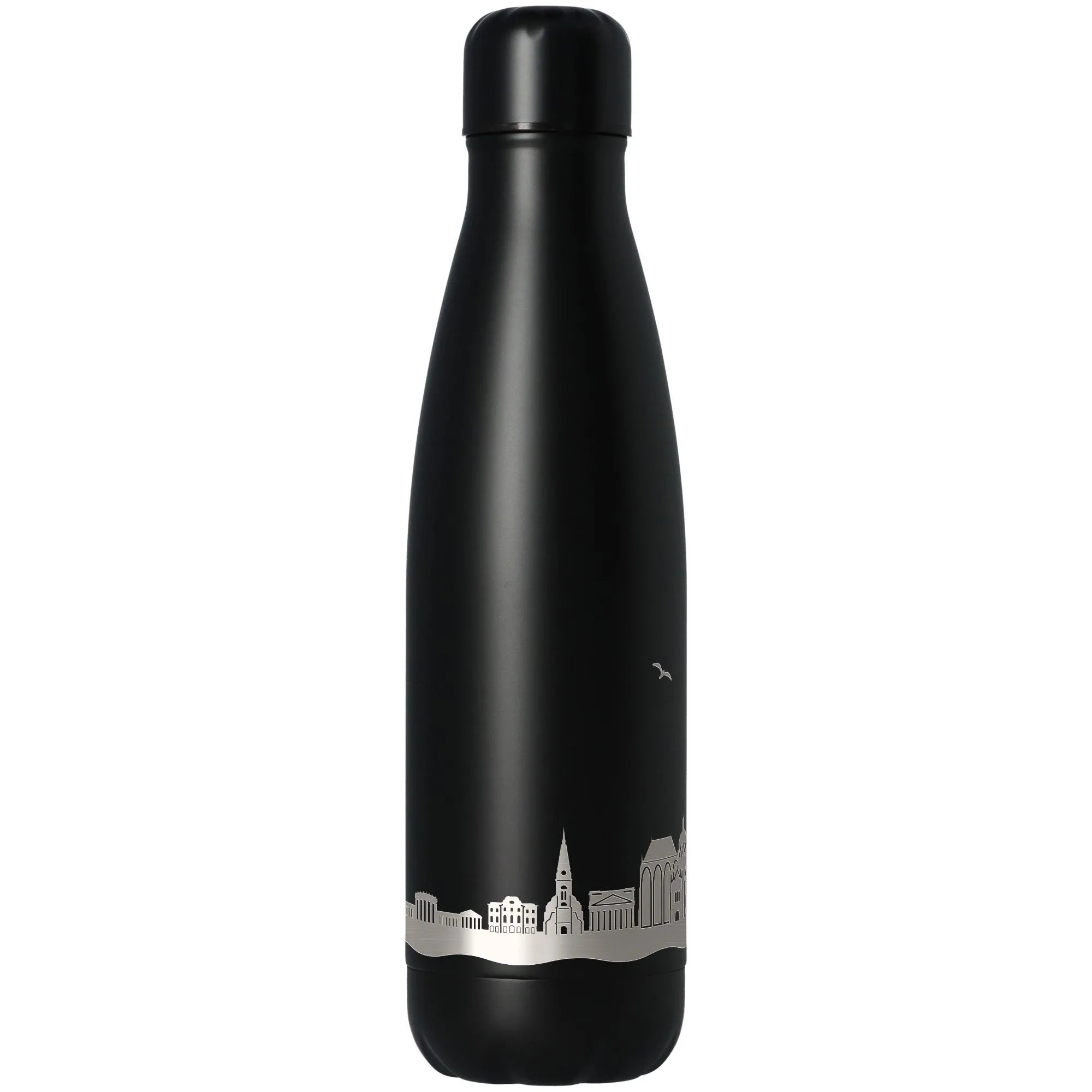 Thermflasche, Vakuumisoliert, Schwarz, Stadtlinie, Metallic-Design