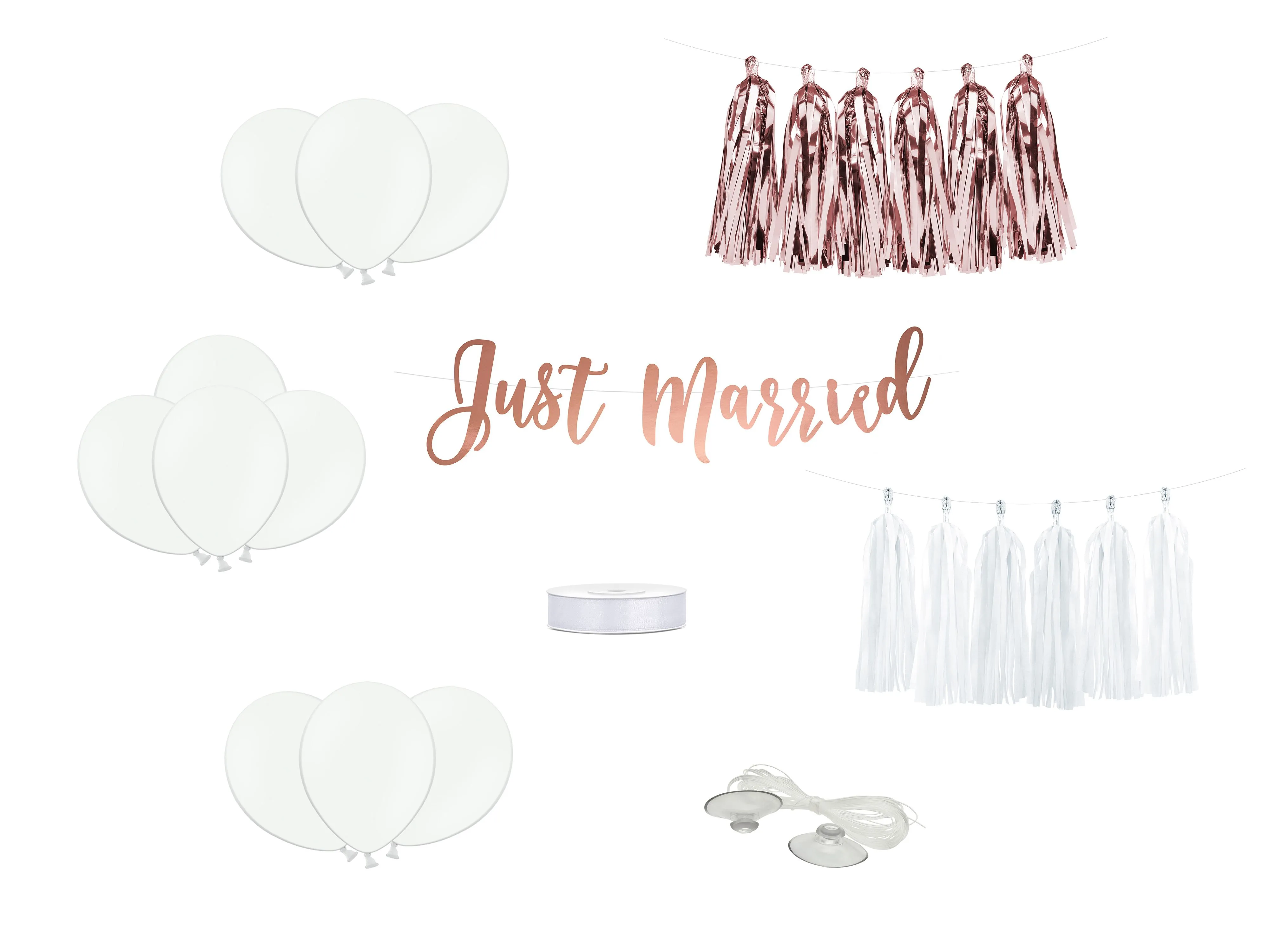 Auto Dekorationsset "Just Married", Weiß/Roségold 13-teilig