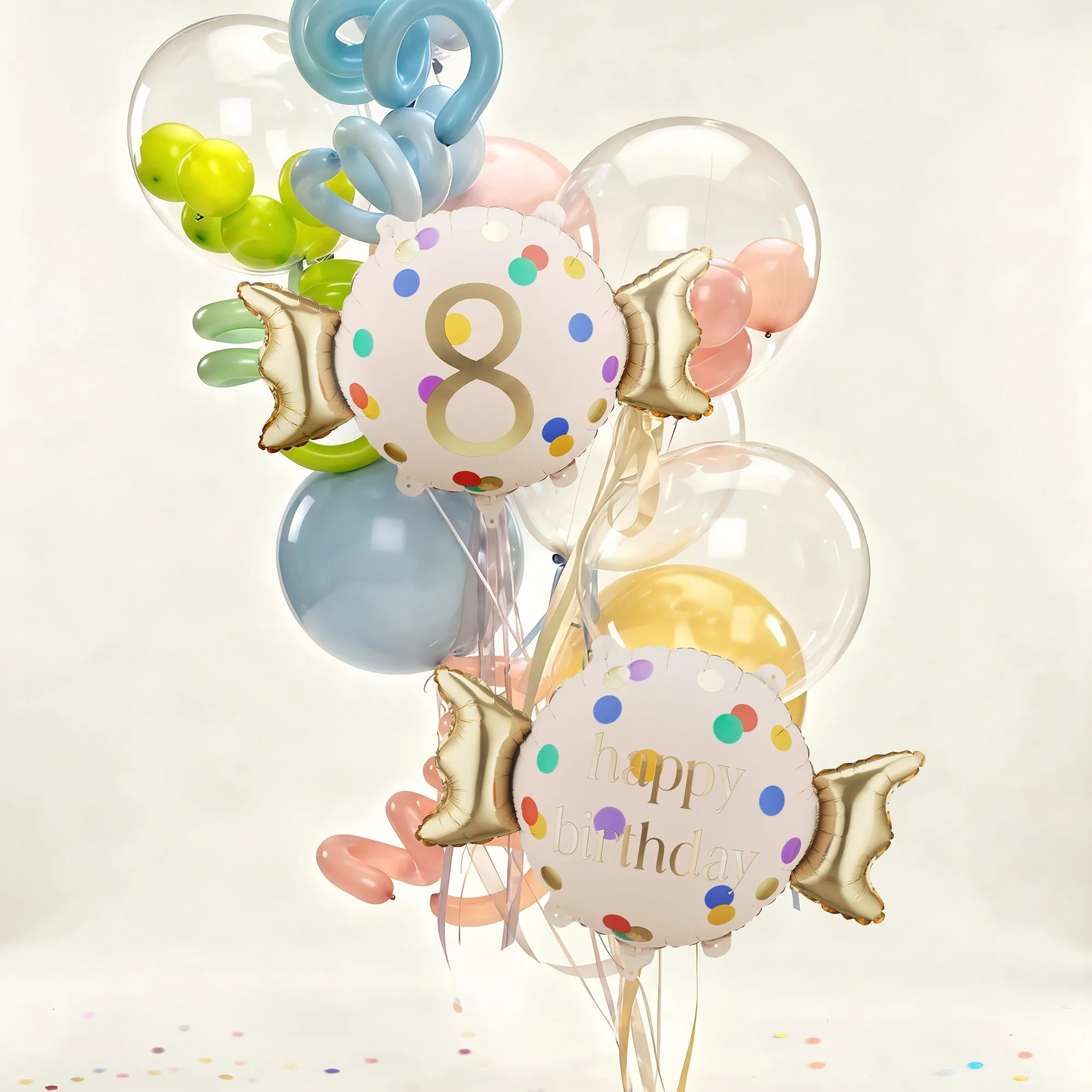 balloons, birthday, balloon bouquet, confetti, number 8