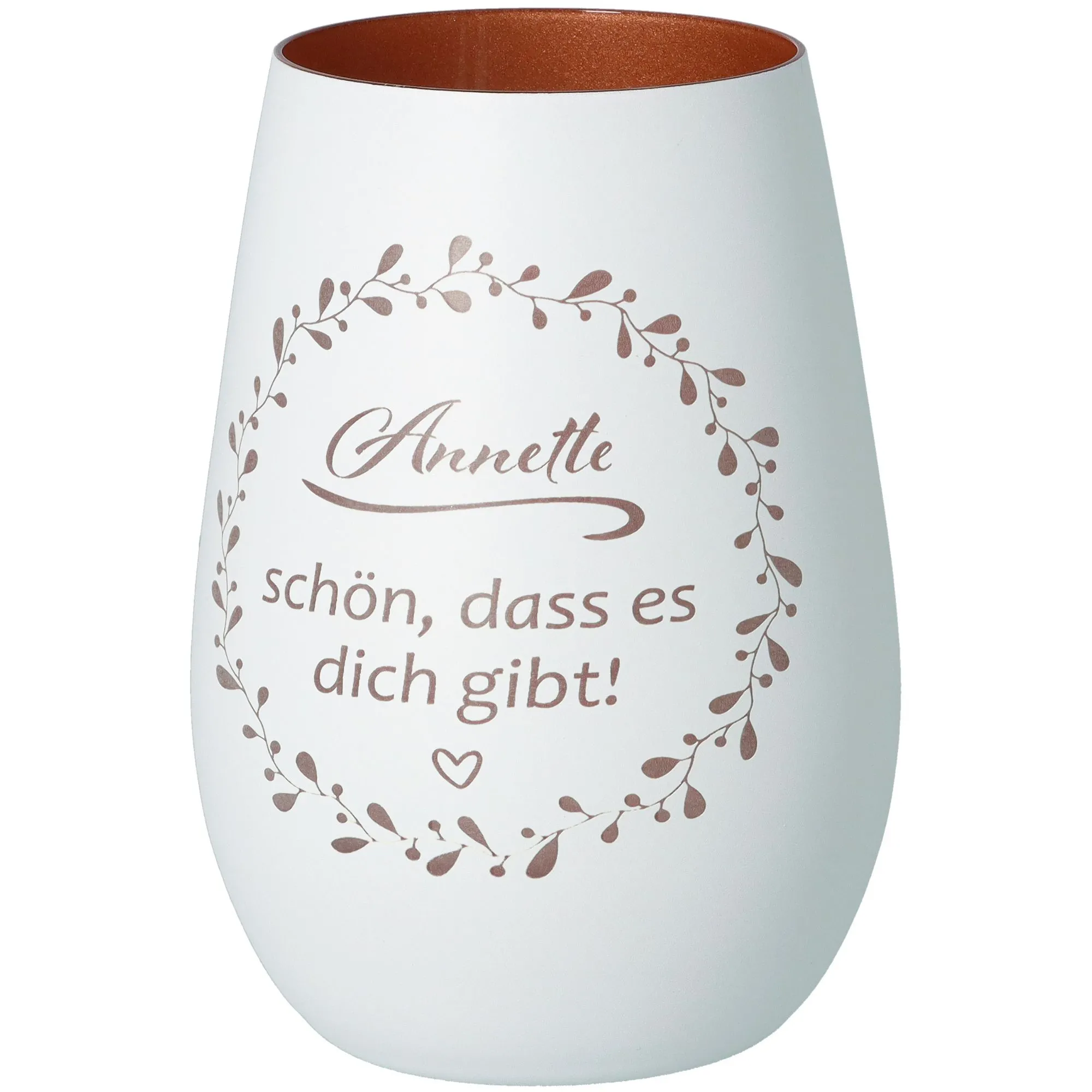 Windlicht Schön, dass es dich gibt "Name" Weiß/Bronze 465ml