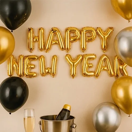 balloons, gold balloons, New Year, champagne, bottle in bucket