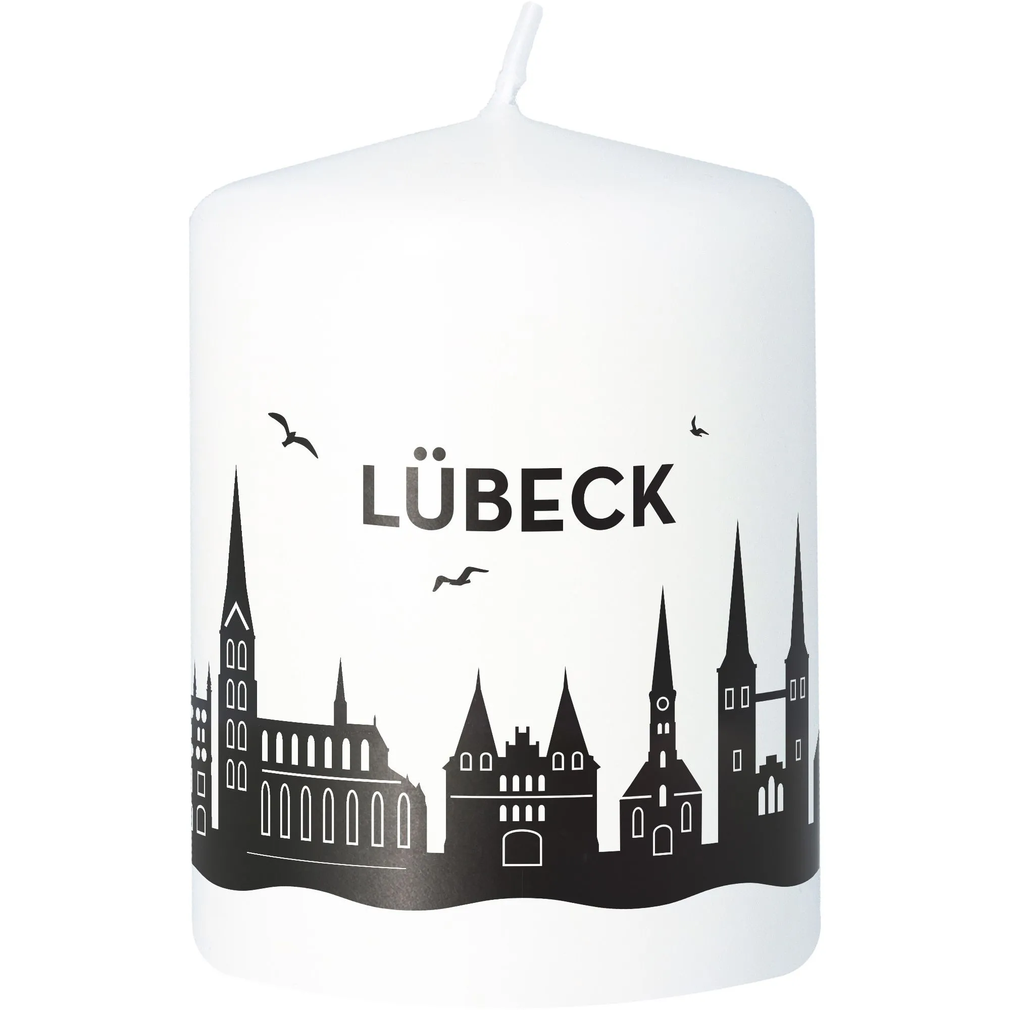 Stumpenkerze Skyline Lübeck Weiß