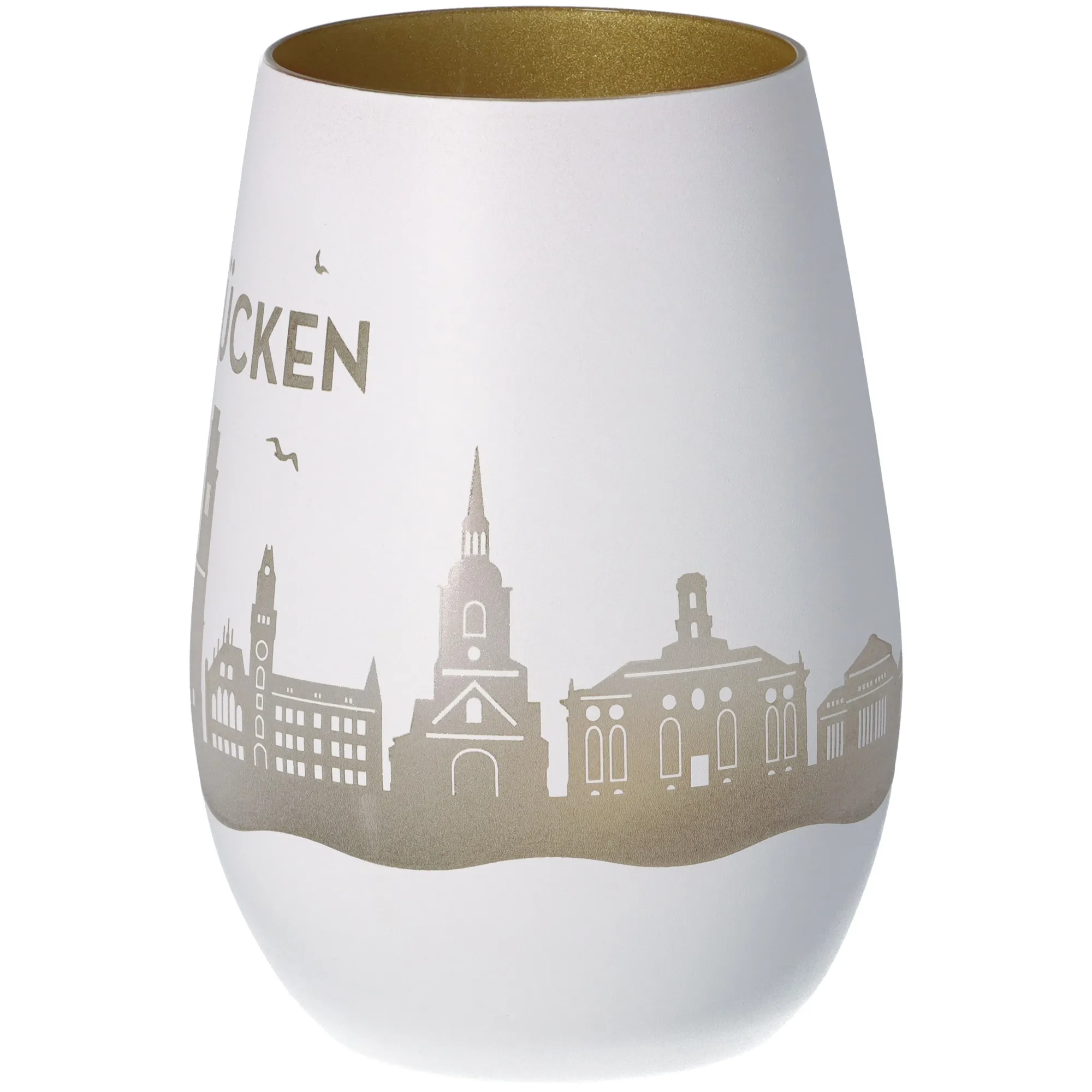 Windlicht Skyline Saarbrücken Weiß/Gold