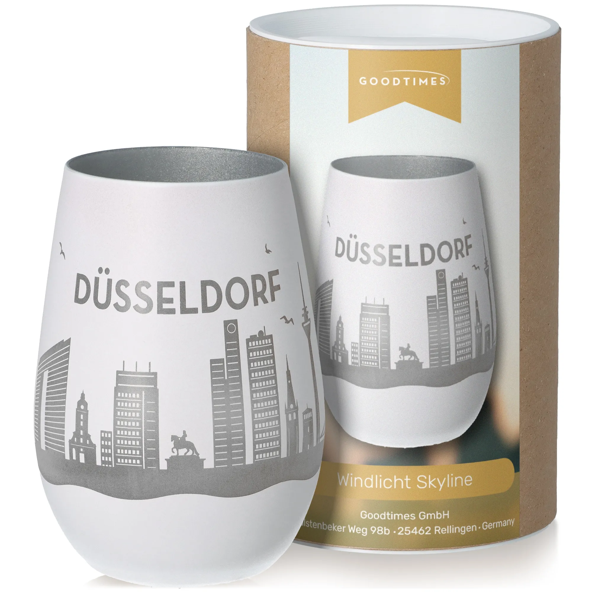 Windlicht Skyline Düsseldorf Weiß/Silber