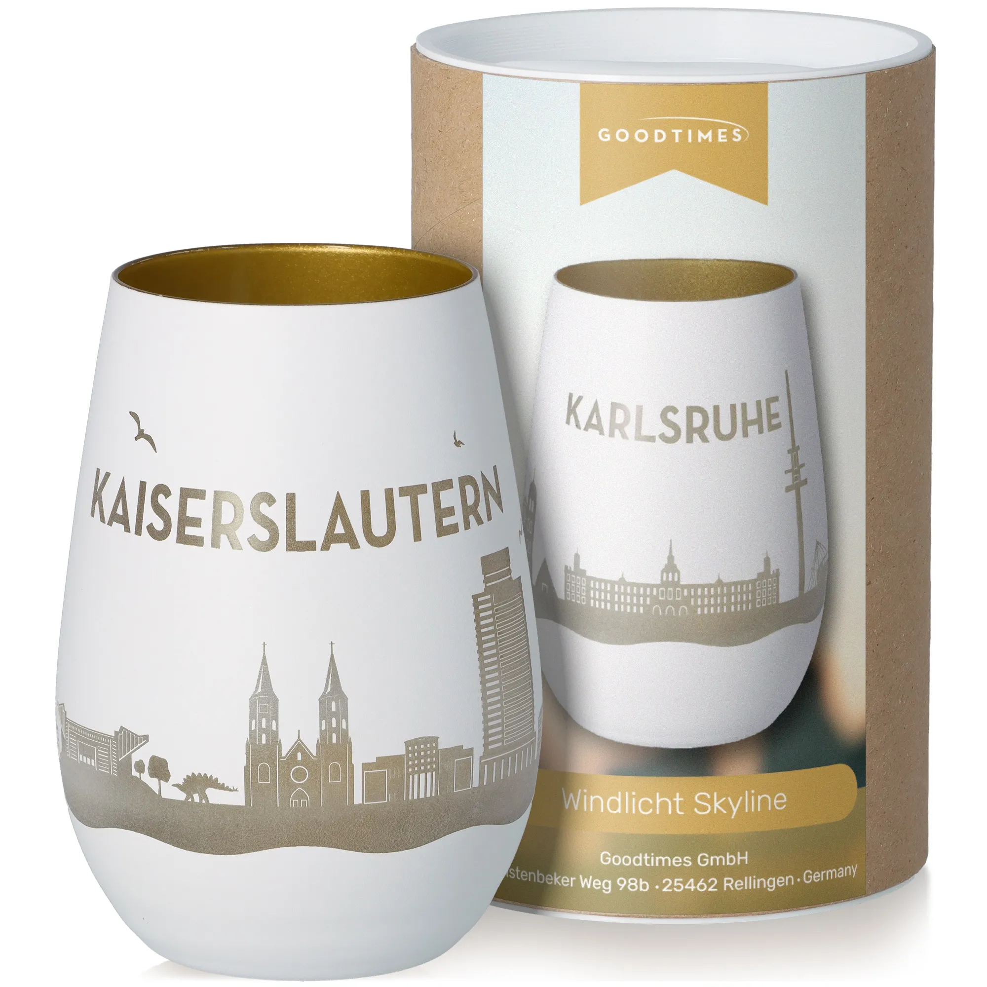 Windlicht Skyline Kaiserslautern Weiß/Gold
