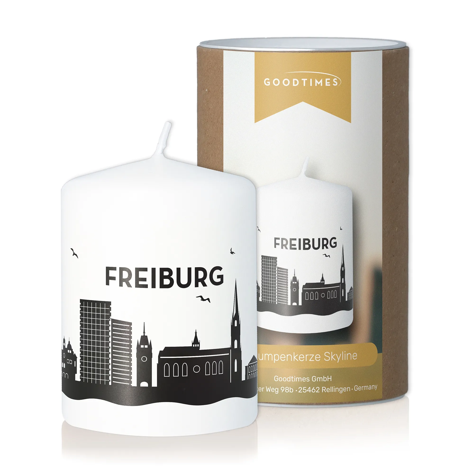 Stumpenkerze Skyline Freiburg Weiß