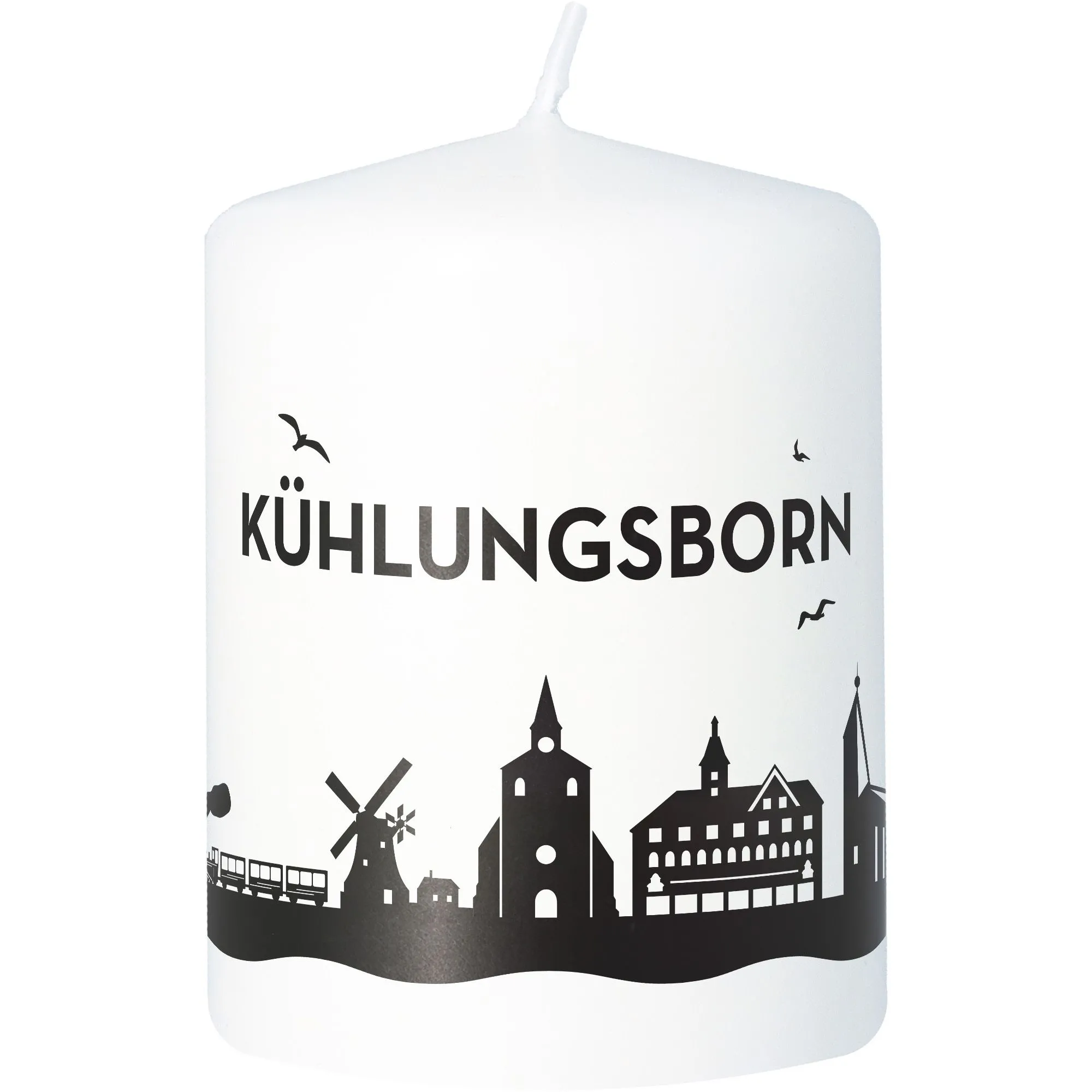 Stumpenkerze Skyline Kühlungsborn Weiß