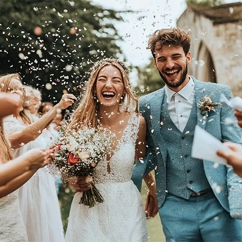 Hochzeitskleid, Bräutigam, Anzug, Blumenstrauß, Konfetti