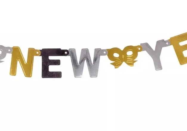 Girlande "Happy New Year" Silber/Gold/Schwarz