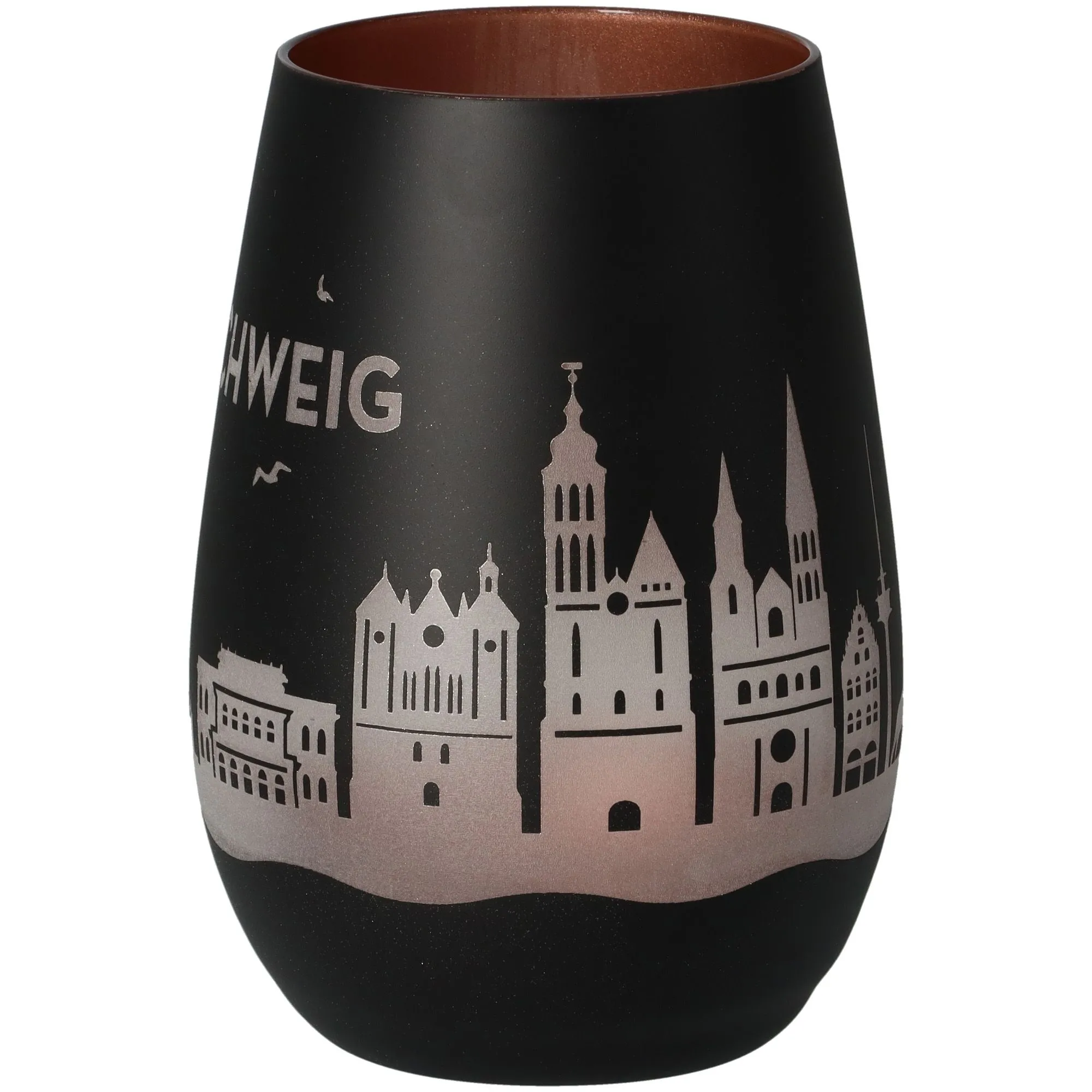 vase, keramik, schwarz, stadt skyline, roségrau innen