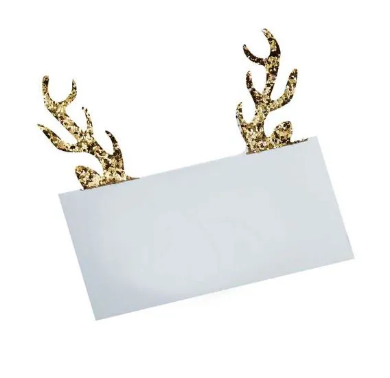 Tischkarte Weiß mit Glitzergeweih - 10 Stück