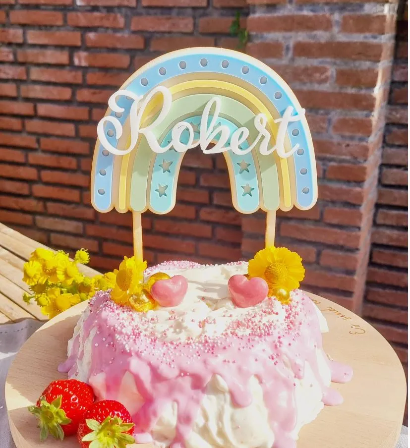Cake Topper Regenbogen "Name" Stern aus Holz & Acryl
