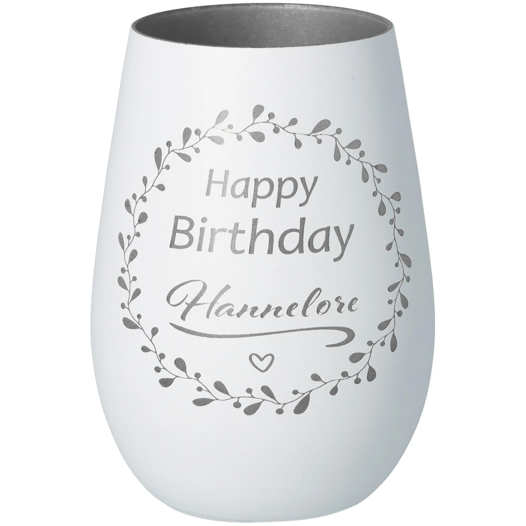 Windlicht Happy Birthday "Name" Weiß/Silber