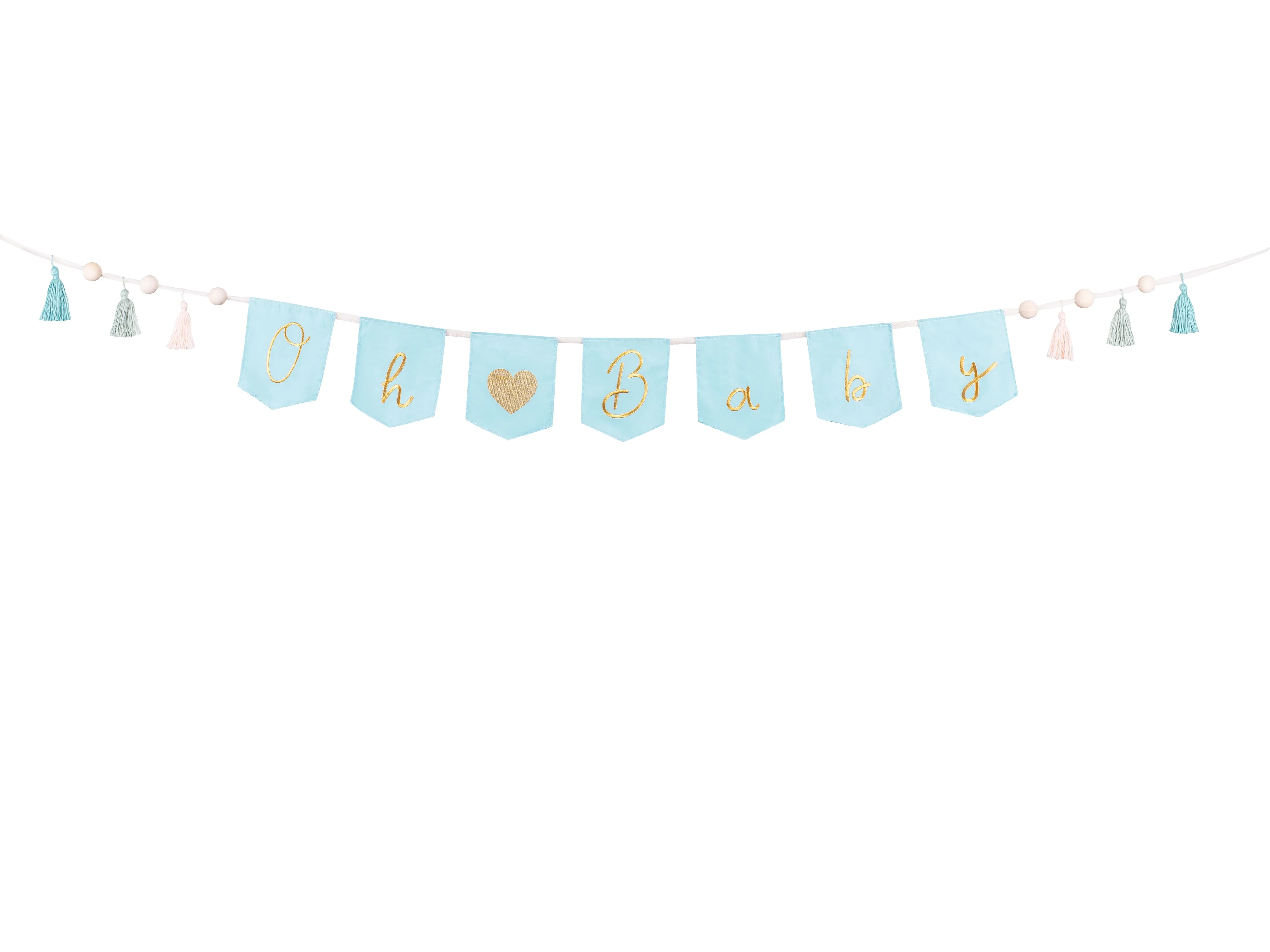 Stoffgirlande "Oh ♥ Baby" mit Tasseln Hellblau/Gold