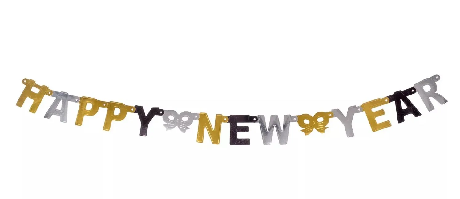Girlande "Happy New Year" Silber/Gold/Schwarz