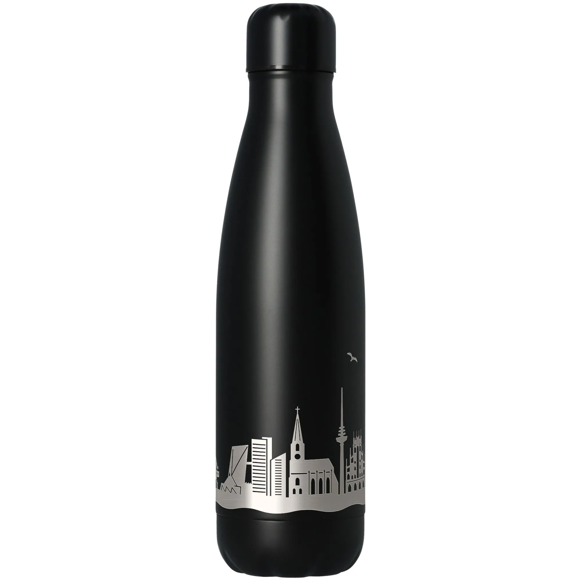 flasche, Thermos, Edelstahl, schwarz, Stadt-Silhouette