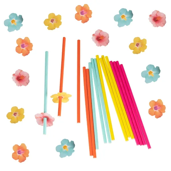 16 Papierstrohhalme mit Blumentopper "Tiki Tropics"