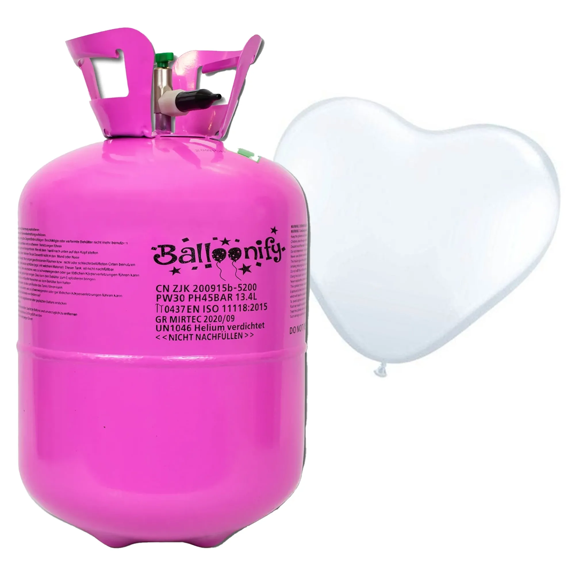 50er Ballonset: 50 weiße Herzballons (23 cm) und Bänder mit Helium Einweg-Flasche