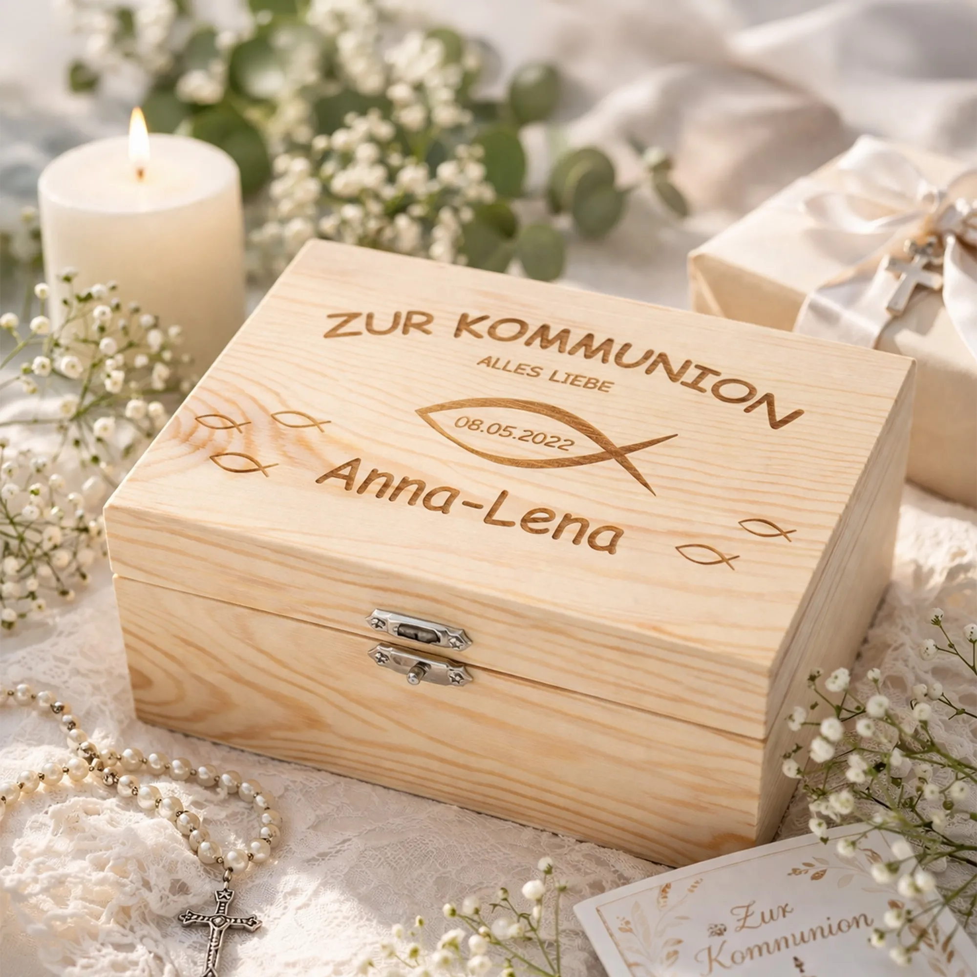 Holzkiste, Geldgeschenk, Kommunion, Namensbox, Ringel- und Blütendeko