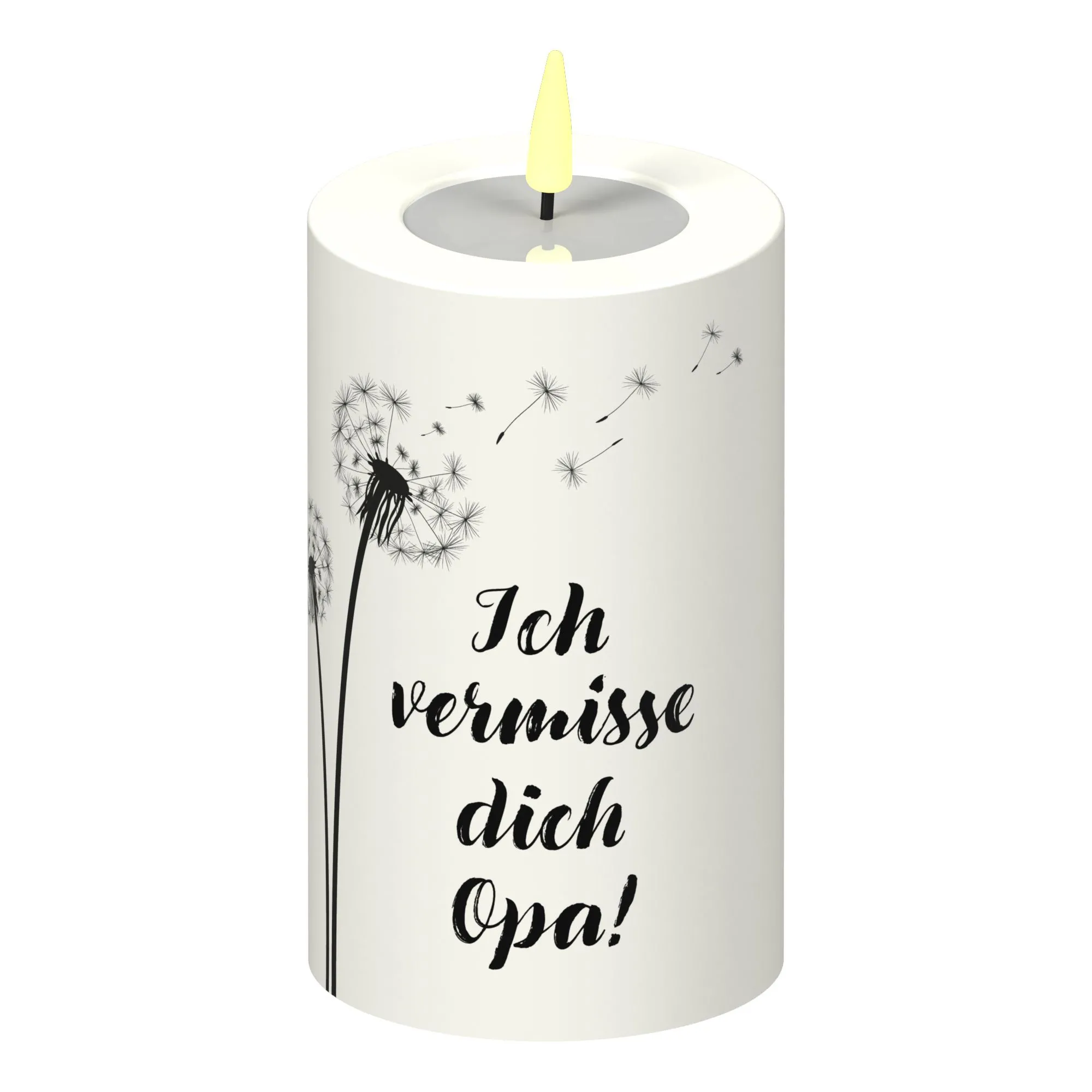 LED Stumpenkerze Weiß Pusteblume "Ich vermisse dich Opa!"