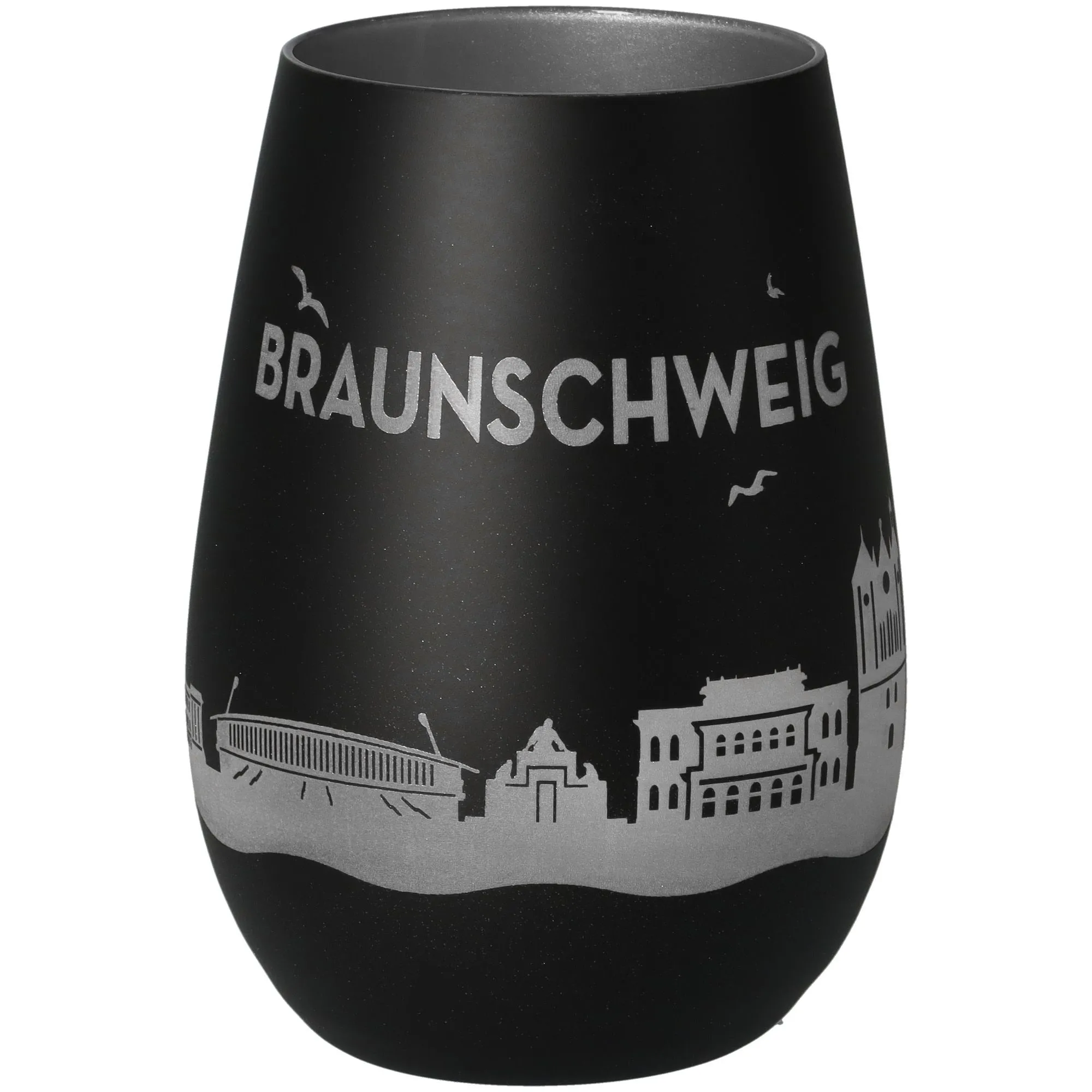Schmuckvasen, Glasvase, schwarz, Stadtmotiv, Silberdruck