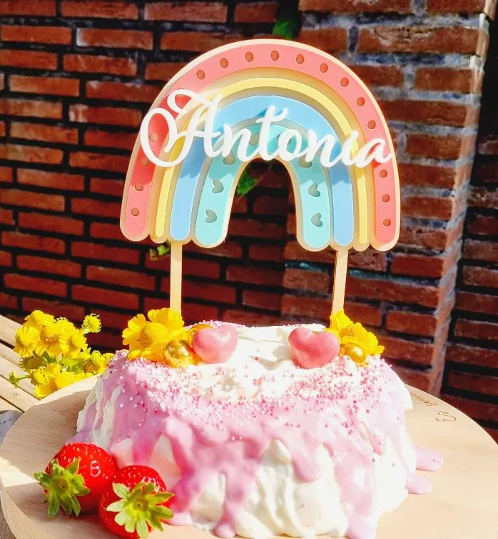 Cake Topper Regenbogen "Name" Herz aus Holz & Acryl