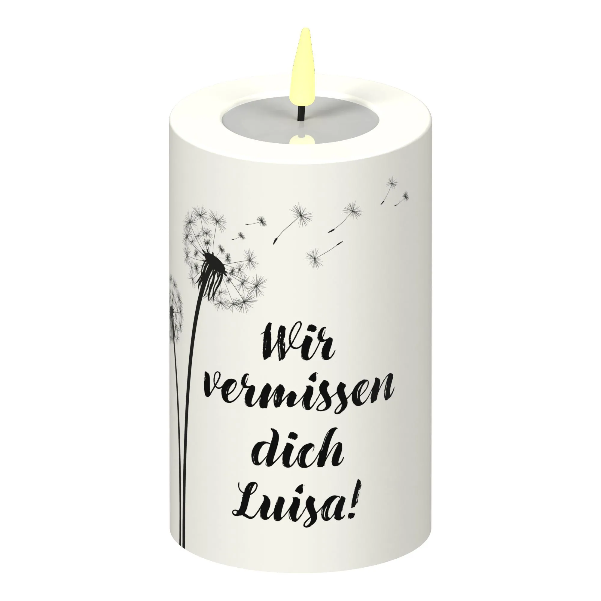 LED Stumpenkerze Weiß Pusteblume "Wir vermissen dich NAME"!