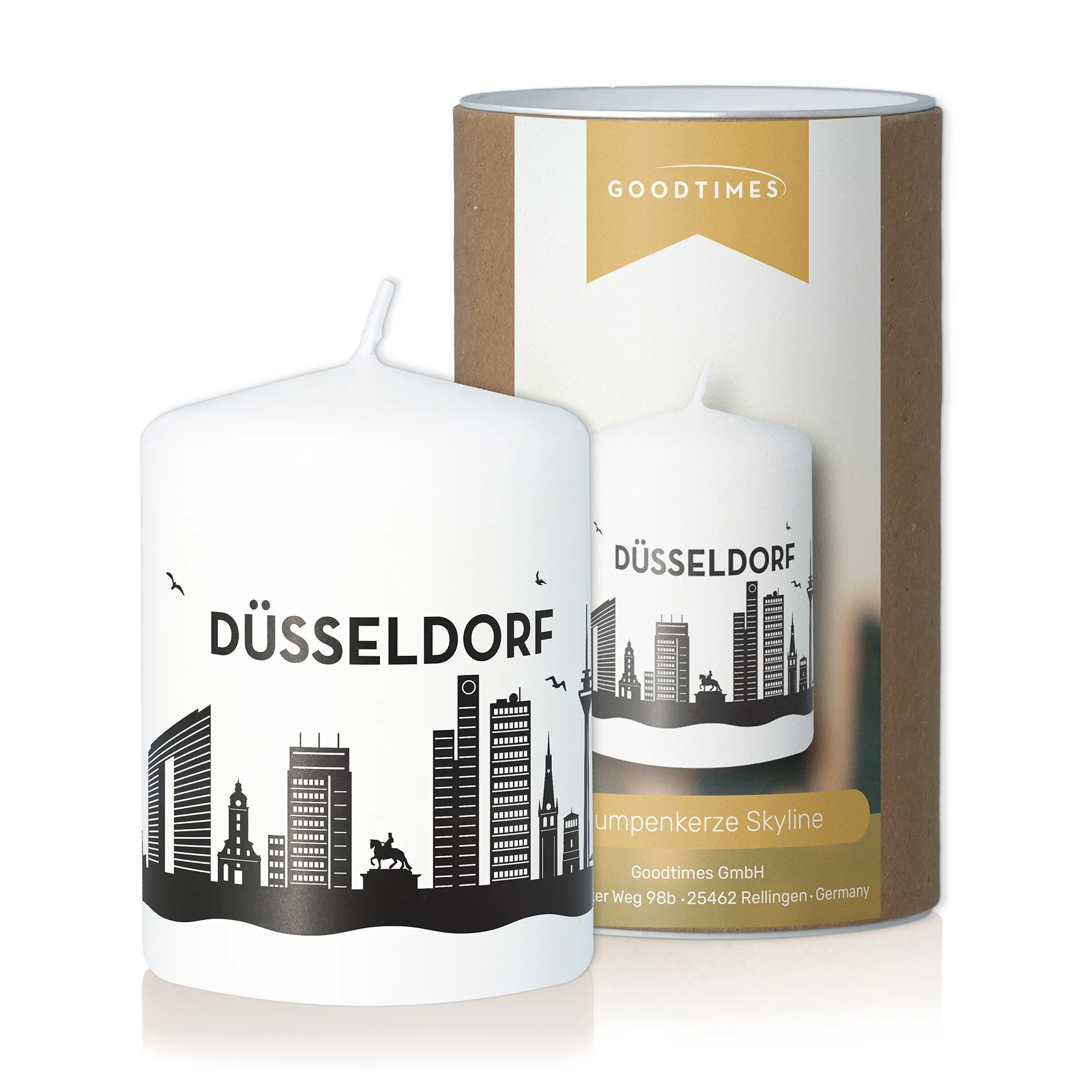 Stumpenkerze Skyline Düsseldorf Weiß