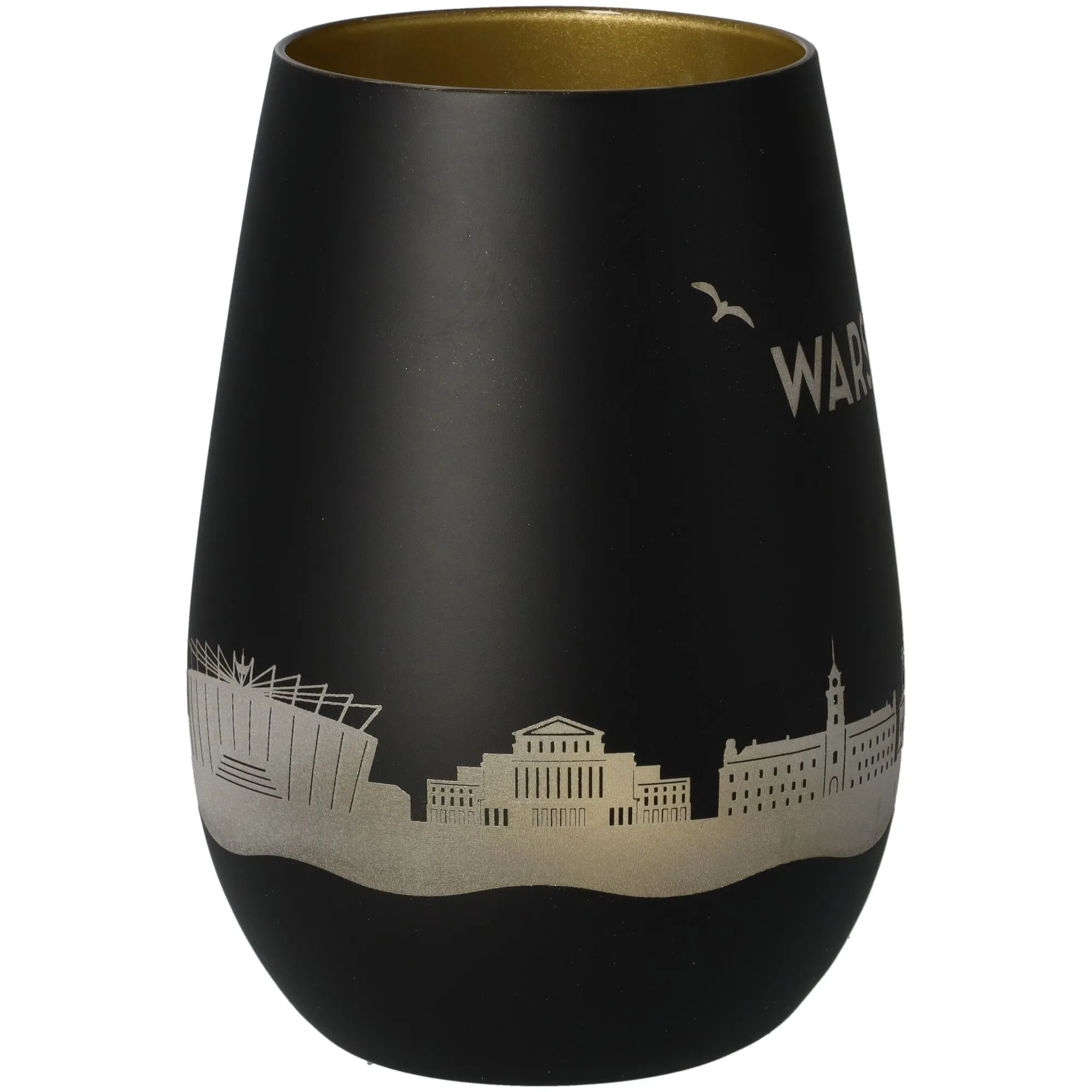 Vase, mattschwarz, Stadt-Skyline, Silberdruck, goldenes Innere