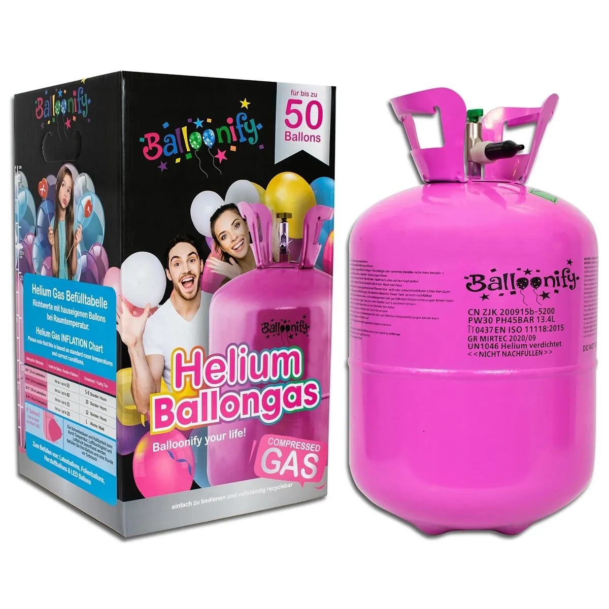 50er Ballonset: 50 rote Herzballons (23 cm) und Bänder mit Helium Einweg-Flasche