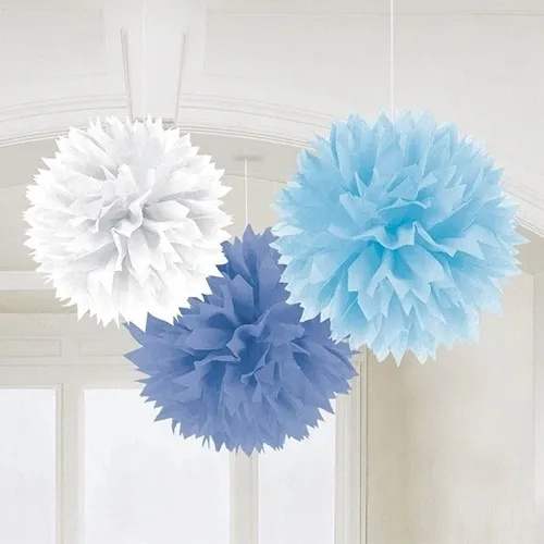 Pompon, Papierdekoration, Hängedekoration, Blaues Pompon, Weißes Pompon