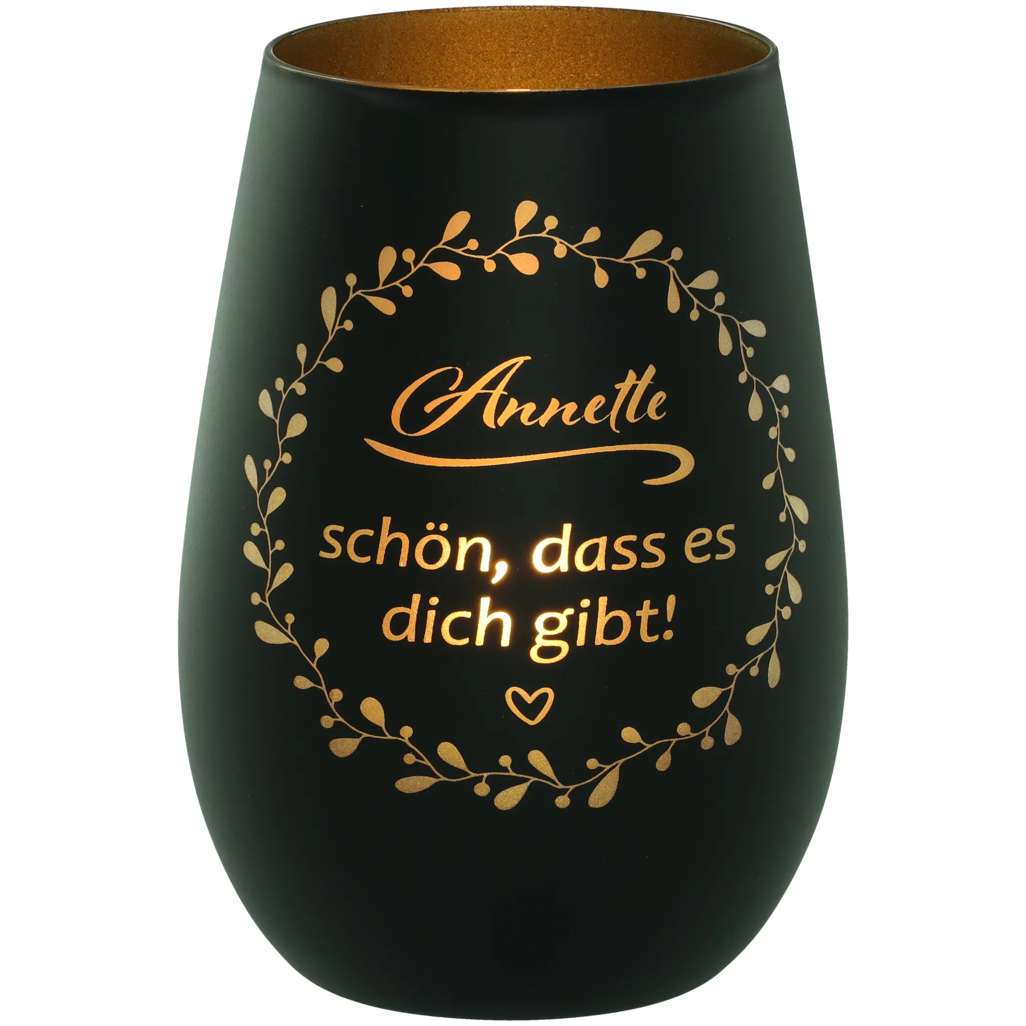 Windlicht Schön, dass es dich gibt "Name" Schwarz/Gold 465ml
