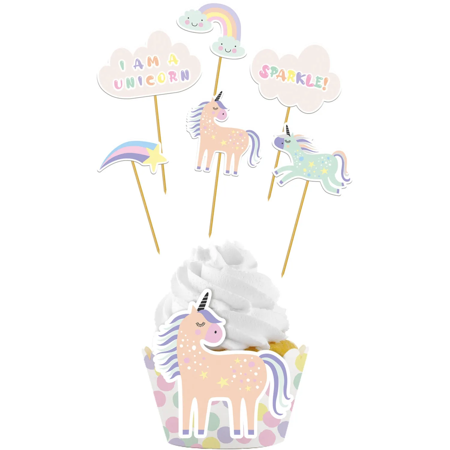 Cupcake Dekoration "Regenbogen Einhorn" 12teilig