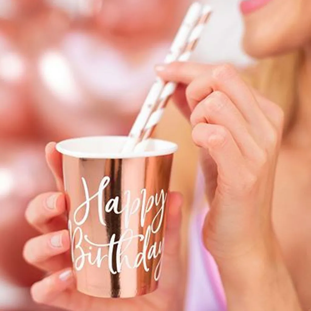 6 Pappbecher "Happy Birthday" Roségold