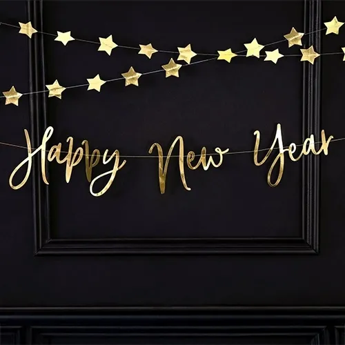 deko, Neujahr, goldene Schrift, Sternengirlande, dunkler Hintergrund