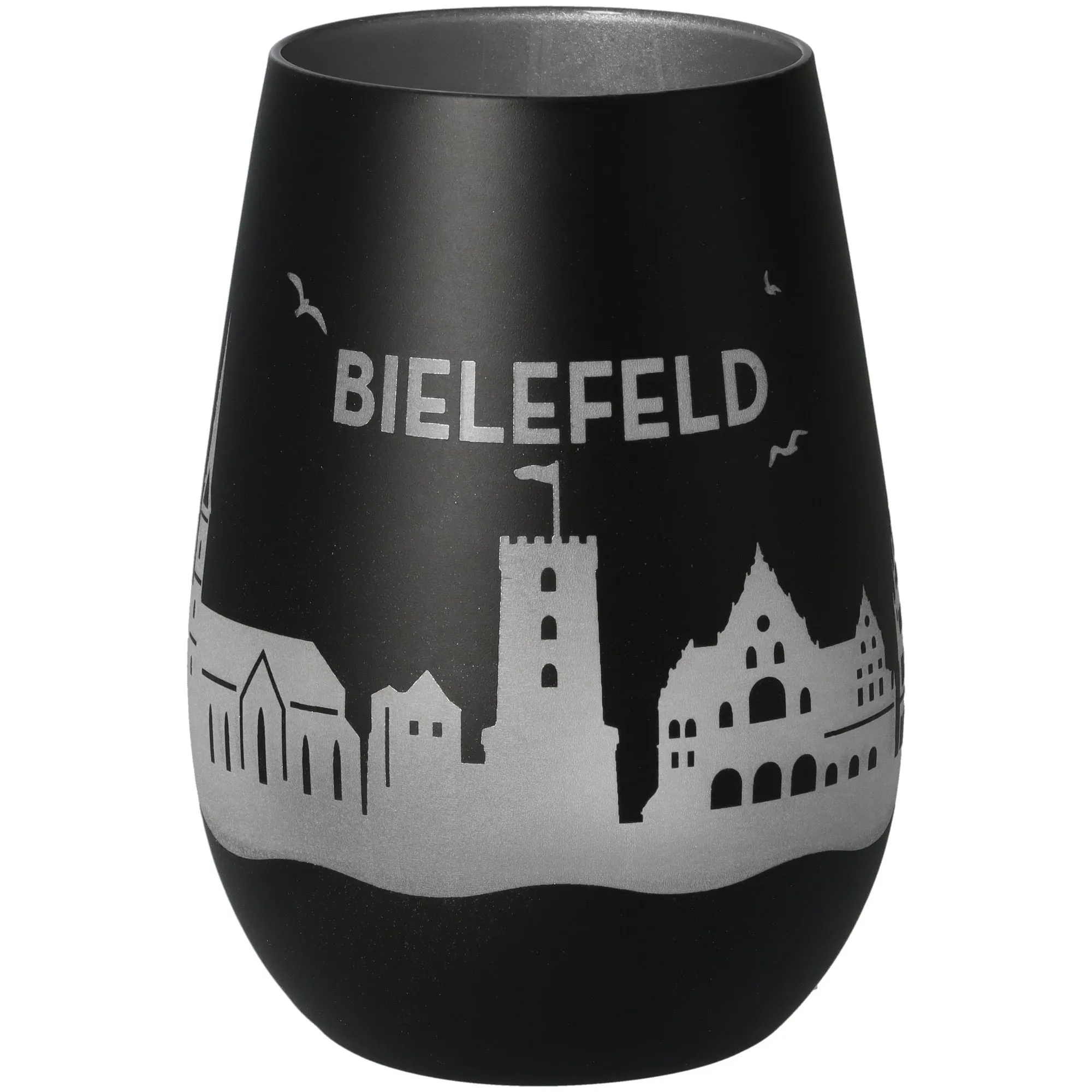 schwarz, Vasenform, Gläser, City-Silhouette, Bielefeld