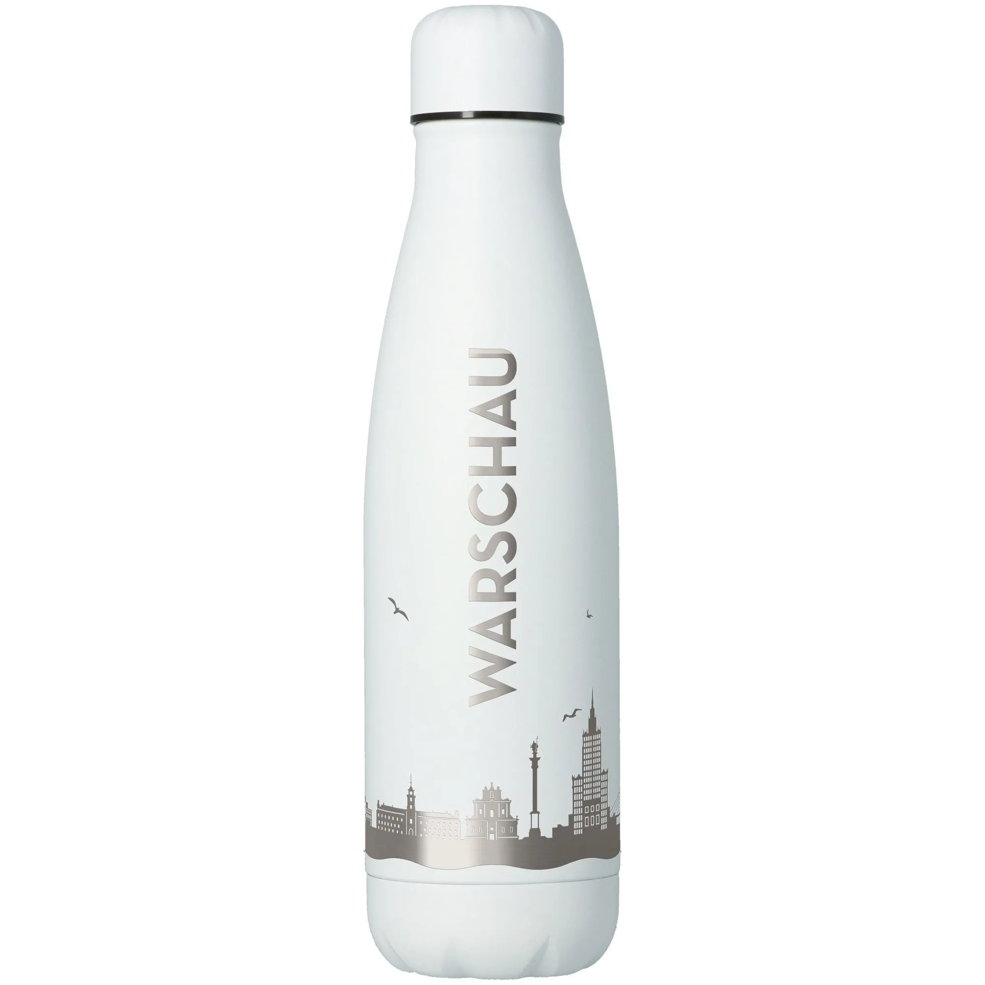 Isolierflasche, Wasserflasche, Edelstahl, weiß, Städte-Silhouette
