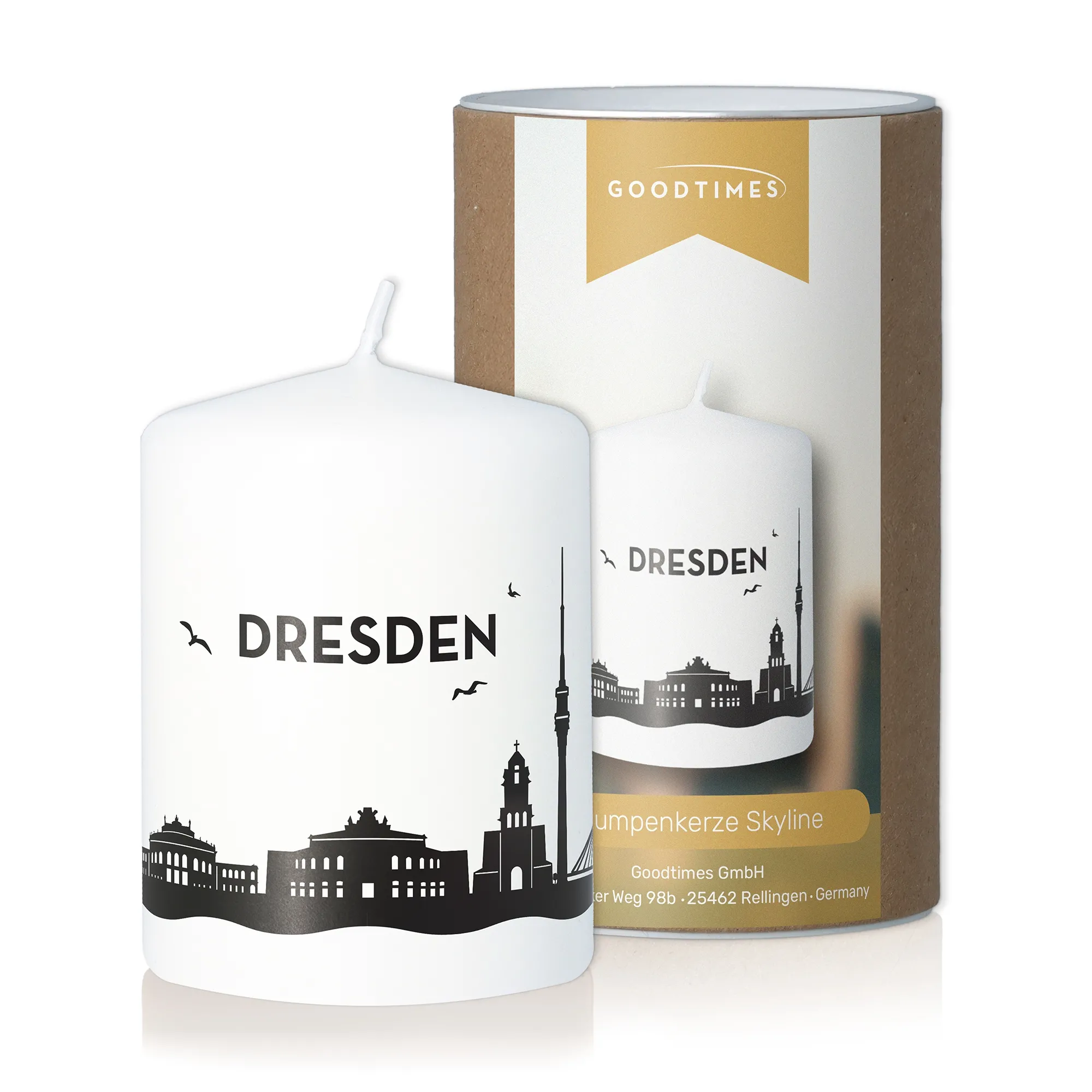 Stumpenkerze Skyline Dresden Weiß