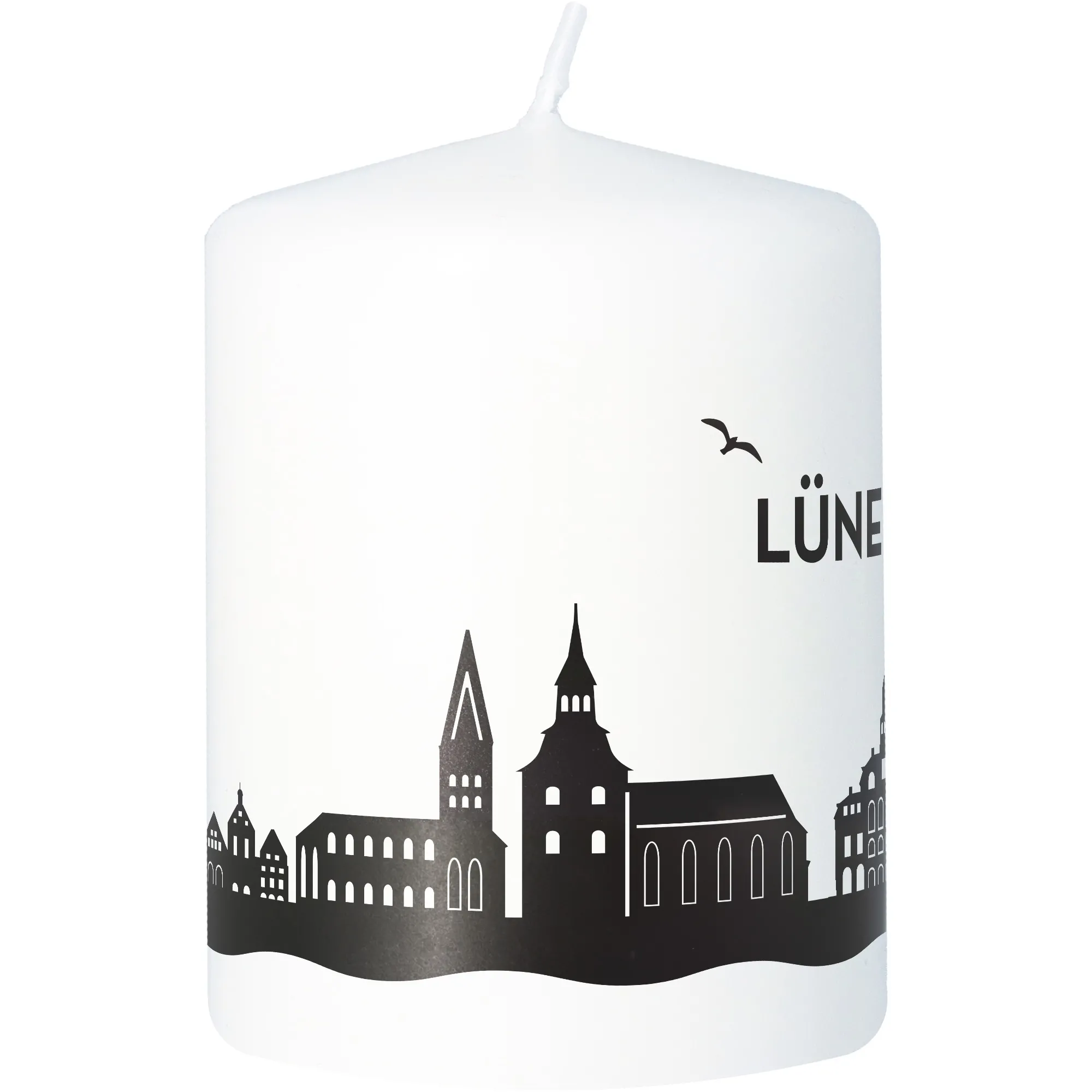 Stumpenkerze Skyline Lüneburg Weiß