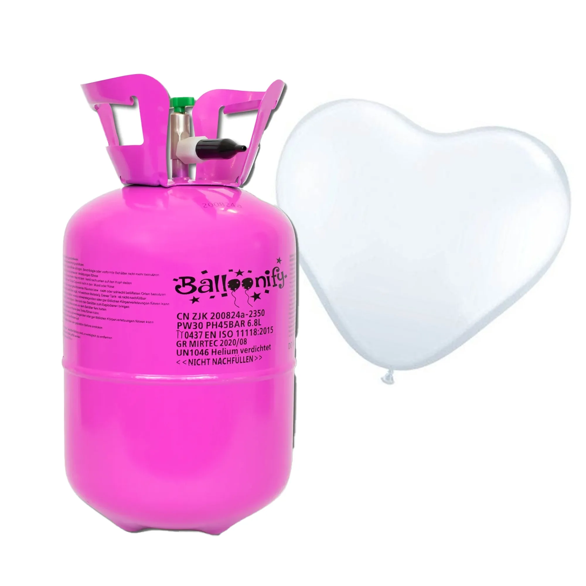 30er Ballonset: 30 weiße Herzballons (23 cm) und Bänder mit Helium Einweg-Flasche