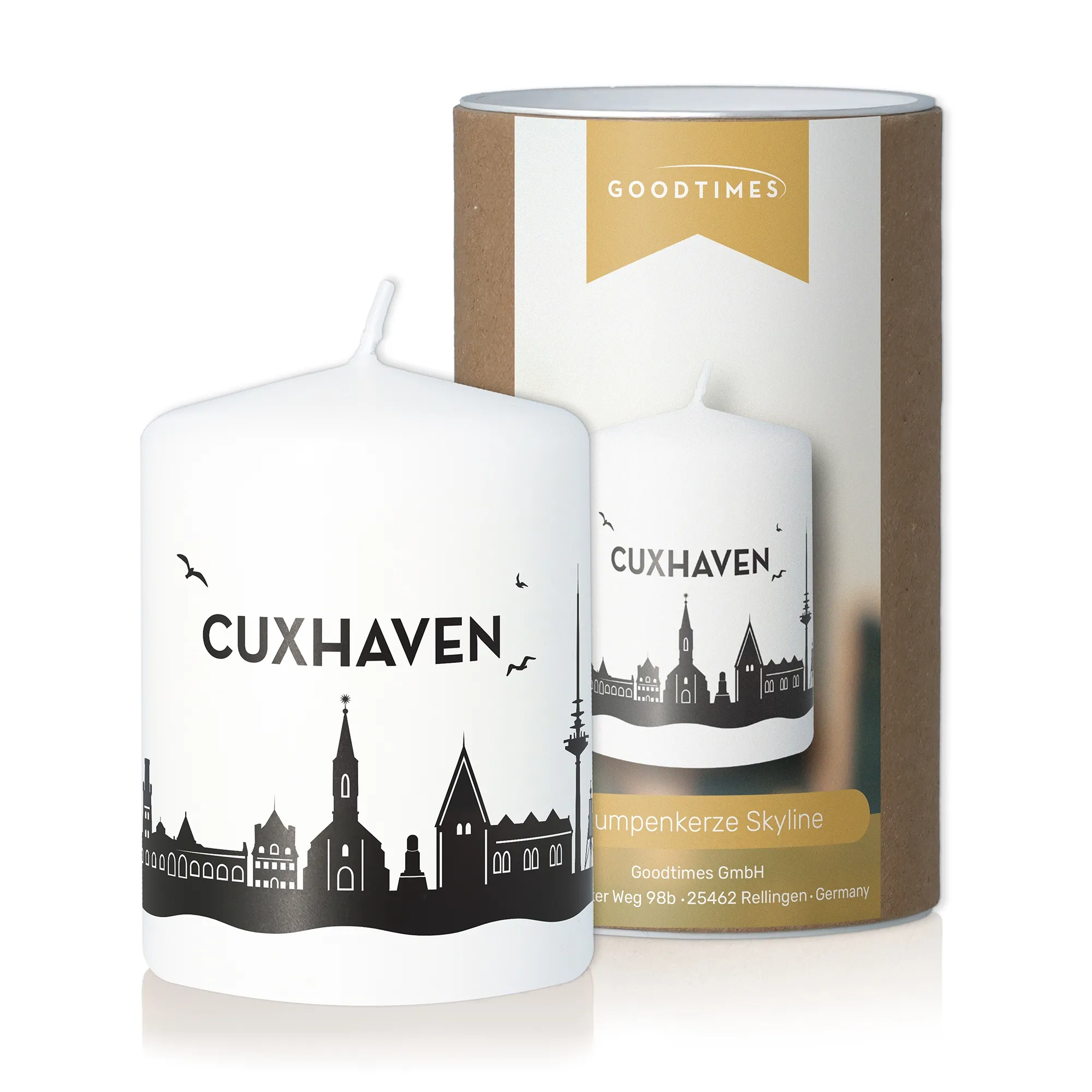 Stumpenkerze Skyline Cuxhaven Weiß